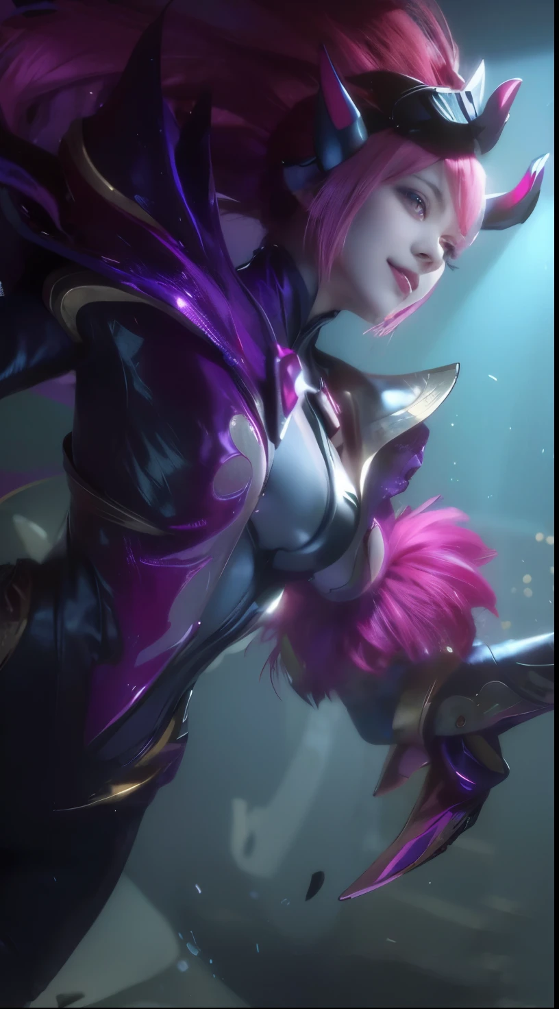 (female:1.2), 8k, ultra hd, ultra detailed texture, hyper realistic, masterpiece, detailed texture, detailed face, detailed skin, detailed lighting, (photorealistic:1.5), best quality, beautiful lighting, cinematic lighting, professional lighting, ultra highres, realistic, detailed hair, real hair, high quality, (realskin:1.5), extremely detailed, finely detail, ultra-detailed, 1girl, solo, elf, pointy ears, standing, demon horns, forehead protector, (red eyes:1.5), v-shapped eyebrow, lips, red lips, evil smile, nose, make up, pretty, beautiful, cute face, long hair, blue hair, high ponytail, large breasts, cleavage, armpit, navel, stomach, black armor, pauldrons, bare shoulders, shoulder armor, thigh high, sleevless, detached sleeves, breastplate, gauntlets, karina \(mobile legends\), depth of field, looking aways, white skin, skin tight, amazing pose, outdoors, glowing, dark view, elf ears.