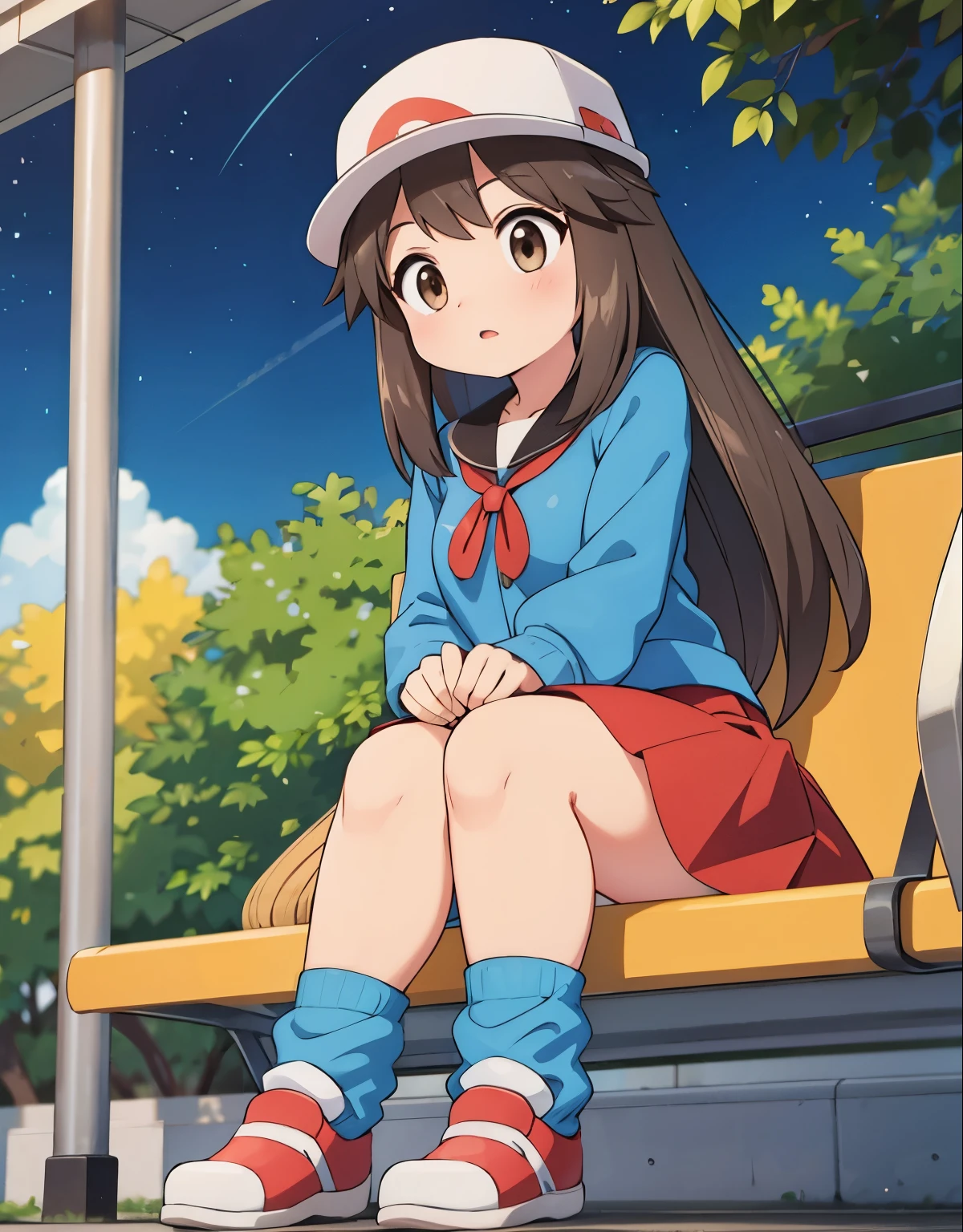 leaf pokemon sitting at a bus stop,focused,looking at a map,long hair,red skirt, blue shirt, brown eyes, loose socks, white footwear, upskirt, body shape, chubby thighs,confused,white panties,with a boyfriend,illustration,having a detailed face and expression,detailed hair,beautiful eyes and lips,night,urban landscape,clear sky,vivid colors,well-defined shadows