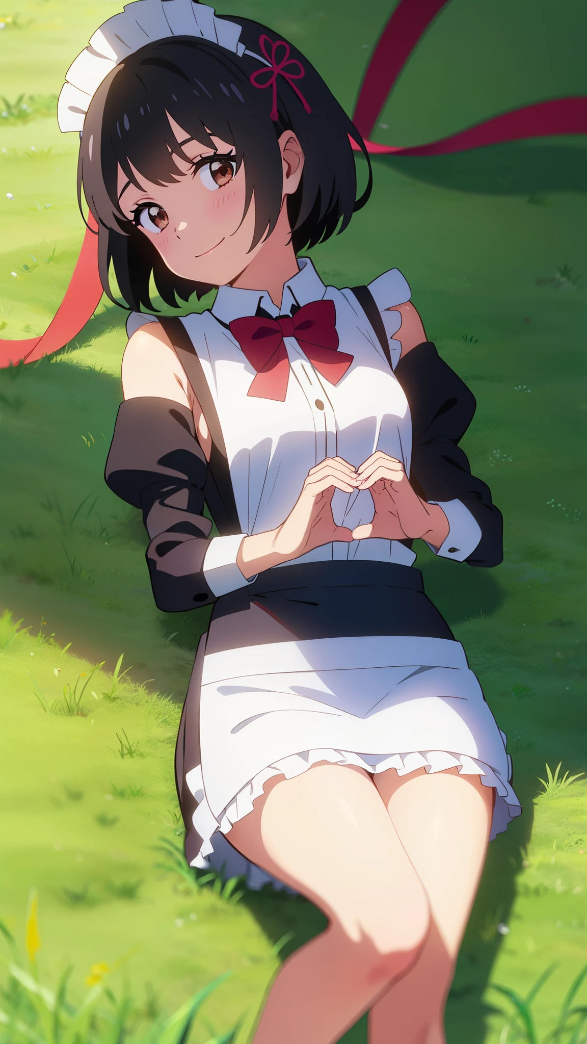 shinkai makoto, kimi no na wa., 1girl, bangs, black hair, blush, brown eyes, looking at the viewer, red headband, red ribbon, short hair, full body, smile, cute, solo, Off-the-shoulders, frills, hair ornament, heart, heart hands, perfect hands, perfect fingers, smile, happy, open mouth, maid, maid apron, maid headdress, apron, bow, short dress, arms up, lying, lying on grass, grass