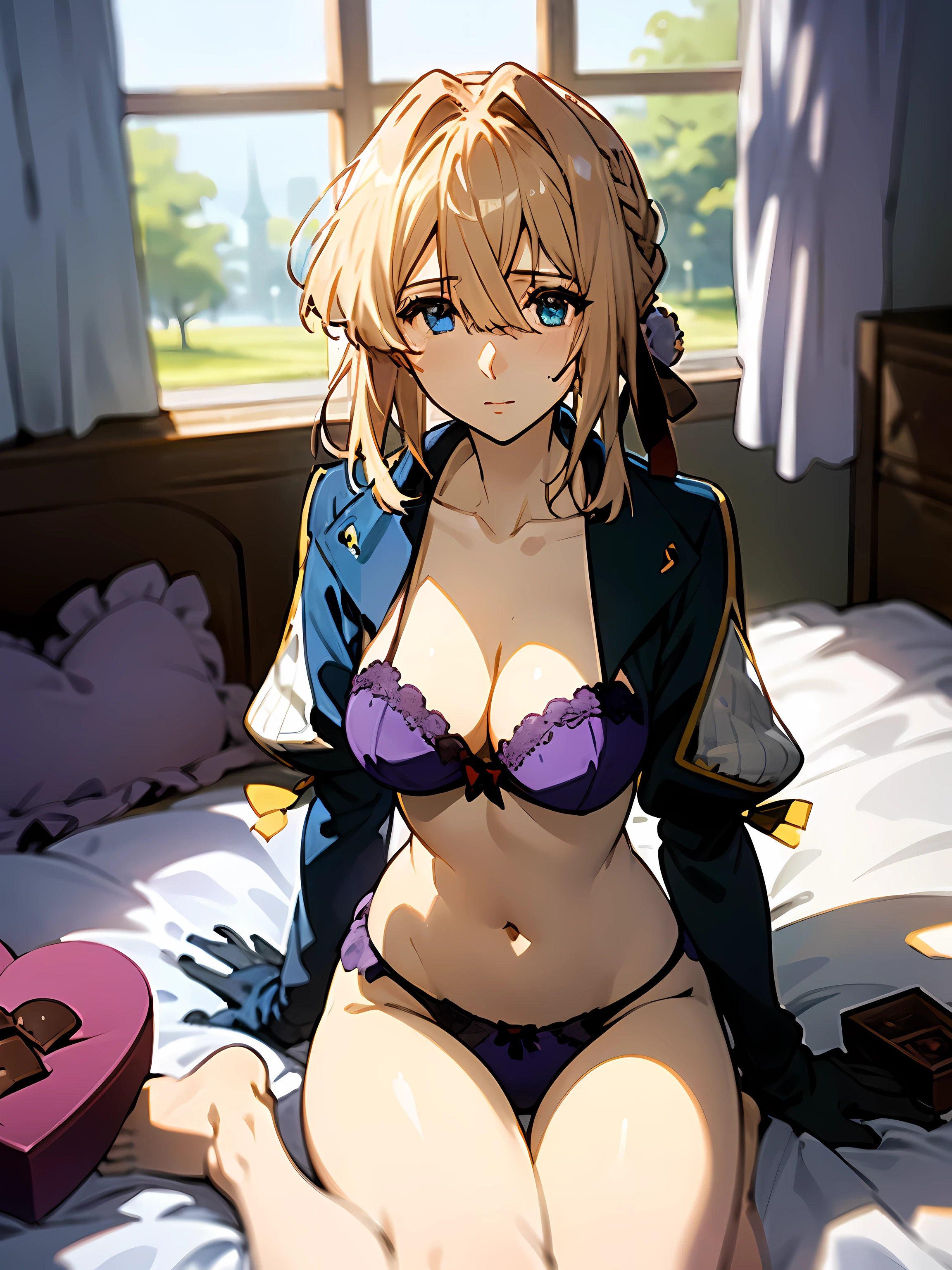 1girl, solo, breasts, looking at viewer, bangs, large breasts, bow, ribbon, navel, cleavage, sitting, very long hair, closed mouth, underwear, collarbone, panties, flower, frills, food, barefoot, indoors, hand up, stomach, bra, pillow, window, bed, rose, on bed, underwear only, curtains, box, candy, gift, between legs, purple bow, chocolate, valentine, purple ribbon, gift box, purple panties, leg ribbon, frilled panties, frilled bra, purple bra, heart-shaped box, heart-shaped chocolate, heart pillow, box of chocolates,violet evergarden,Violet Evergarden, blue_jacket,juliet_sleeves, brown_gloves, blonde_hair, hair_vents,midjourney,girl, braid, hair ribbon