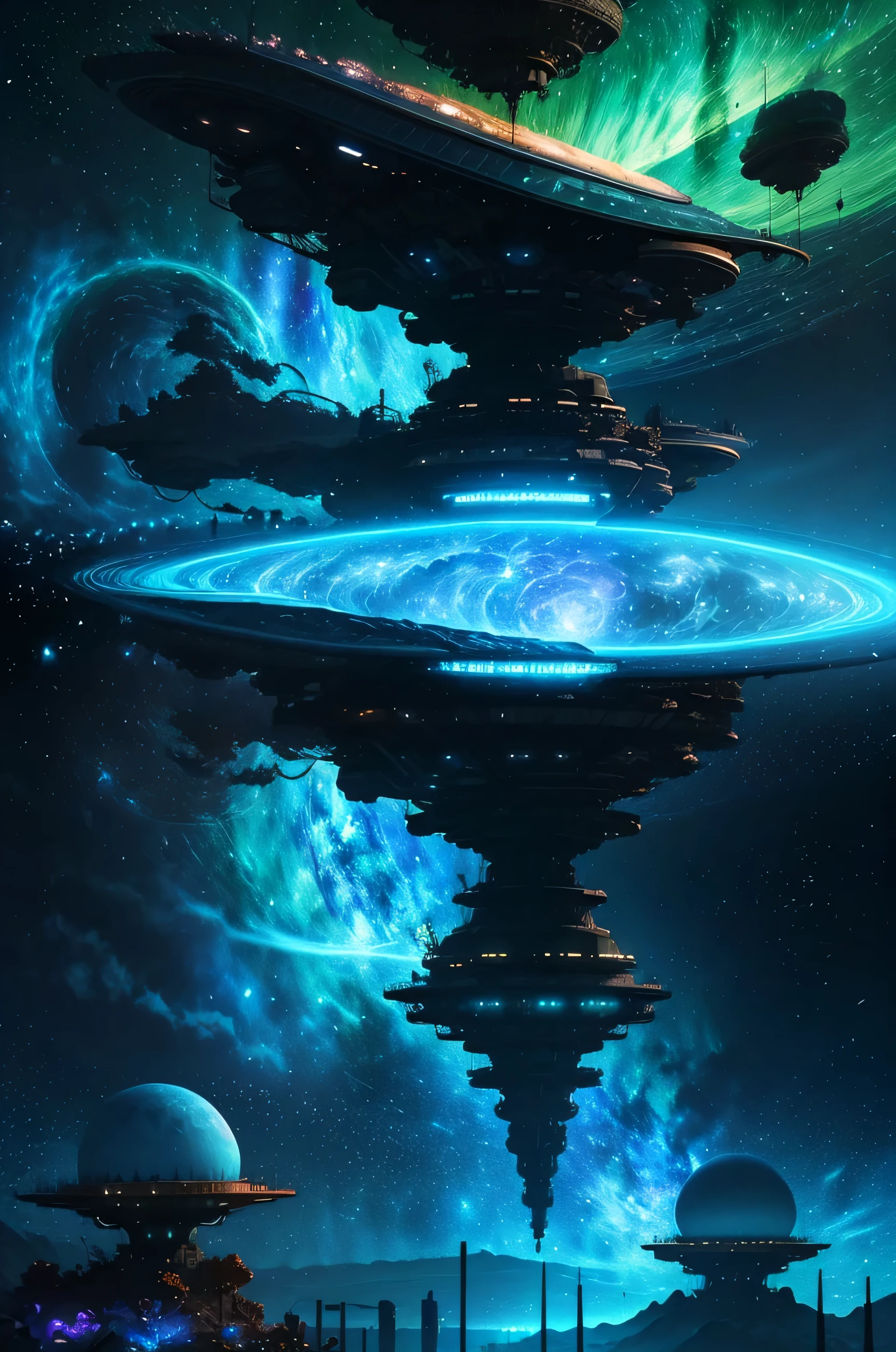 "interplanetary civilization, epic and detailed scenery showing the place (melhor qualidade, ultra-detalhado, realista:1.37), paisagem futurista, advanced technology, cidades movimentadas, huge spaceport, imposing skyscrapers, naves espaciais elegantes atracando, feixes de energia vibrantes, magnificent interstellar views, glowing neon lights, intergalactic trade routes, mercados movimentados, plataformas flutuantes, holographic displays, alien flora and fauna, advanced transport systems, fontes de energia limpa, harmonious coexistence of different species, breathtaking celestial bodies, aglomerados de estrelas inspiradores, nebulosas hipnotizantes, state-of-the-art architectural projects, Infraestrutura futurista, busy space stations, ambientes de gravidade zero, high-tech research facilities, Advanced Communication Networks, aerial drones, Hovering vehicles, walkways connecting buildings, holographic projections, perfect integration of nature and technology, interconnected interplanetary societies, united in the pursuit of progress and exploration."