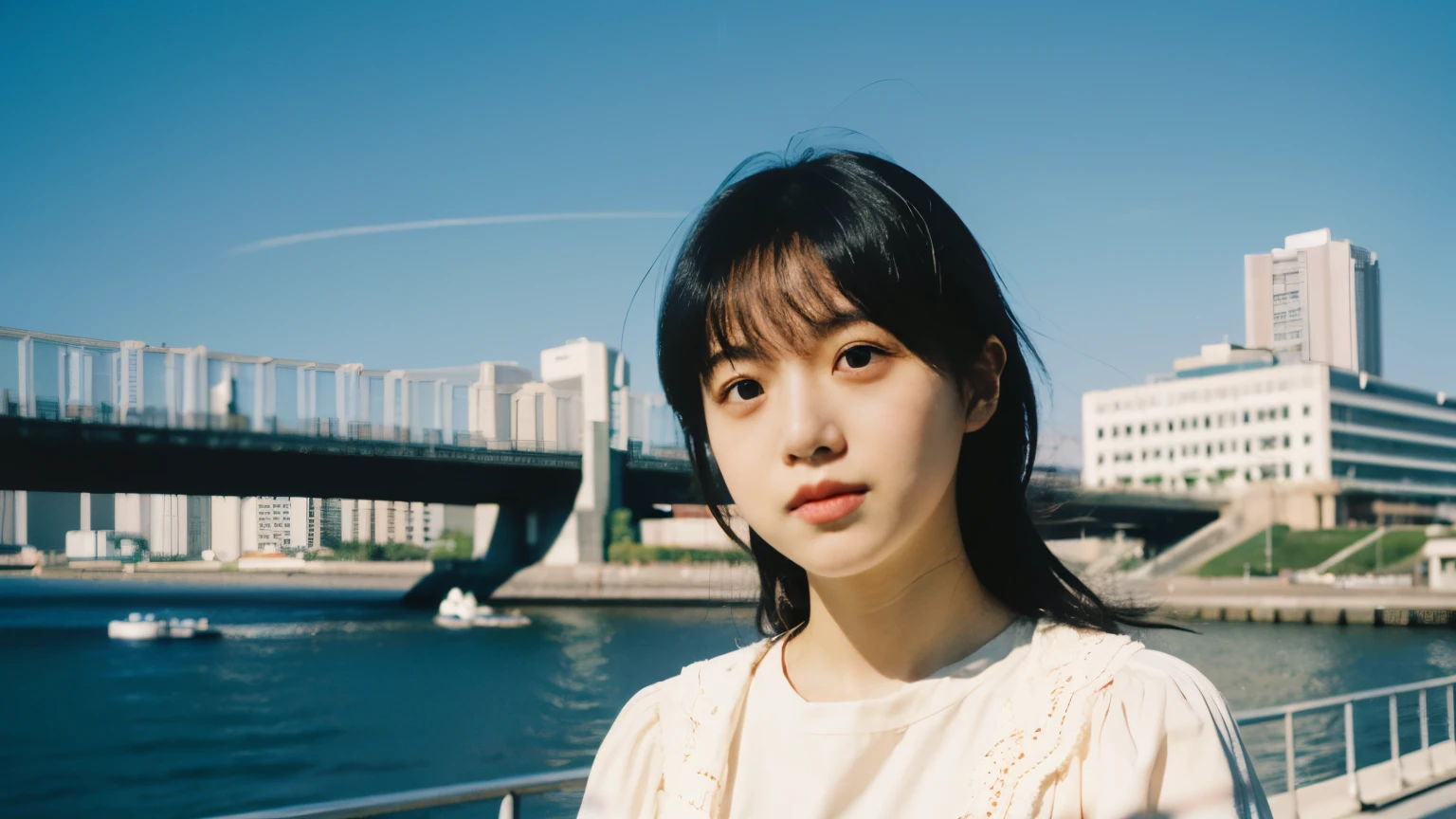 Fujicolor C200 film still. Dreamy closeup of a girl in the blue sky Yokohama city. Soft natural skin tones. Bright diffused light. In the style of documentary photography, aspect ratio 16:9, raw style