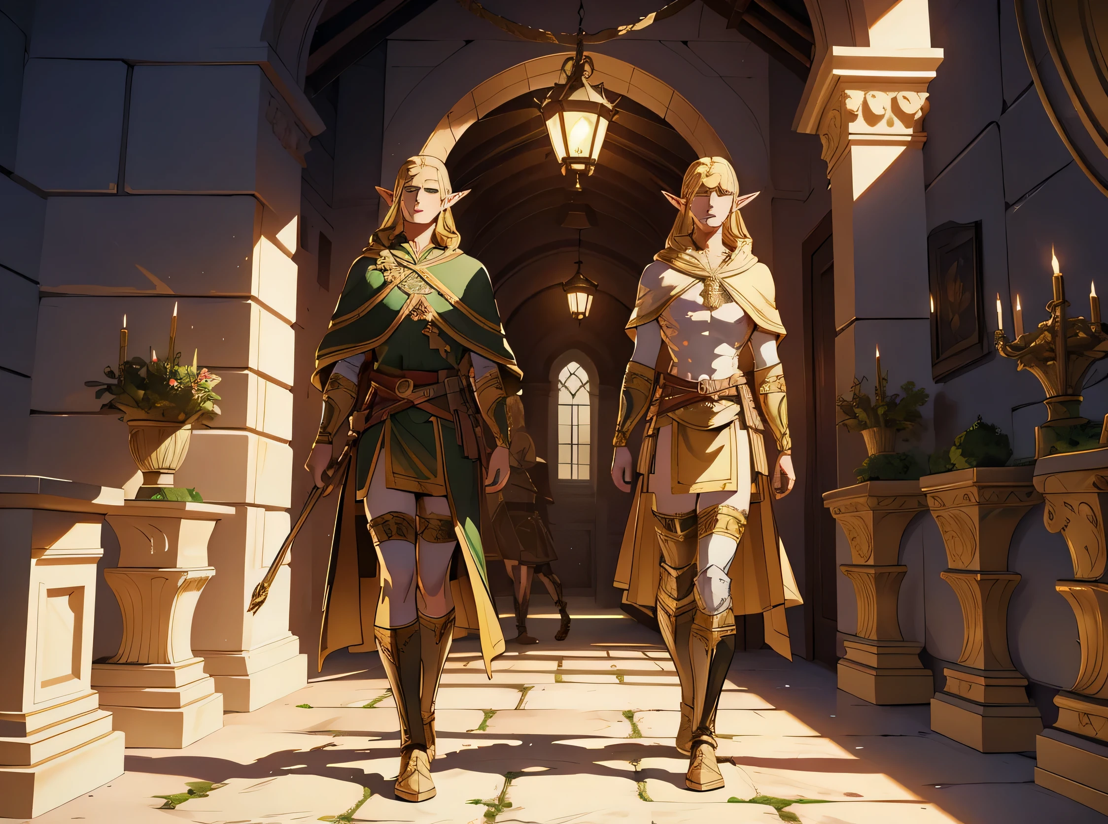 masterpiece, high quality, illustration, extremely detailed, multiple male guards, long elves ears, natural dynamic lighting casts detailed shadows, spacious castle thone room, (roman style background), marble columns,