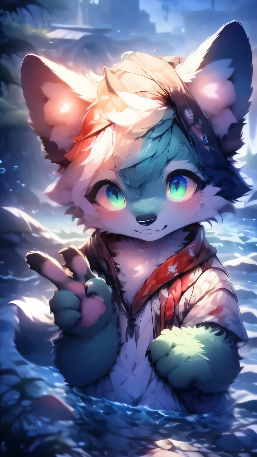 masterpiece, best quality, bright eyes, detailed eyes, furry, wolf, male, shirtless, green stripe hair, dark blue fur, shirtless, baseball cap, v sign, (head tilt:1.3), high saturation, colorful, detailed background, perfect lighting, shadow, aquarium, window, deep blue theme, bubble