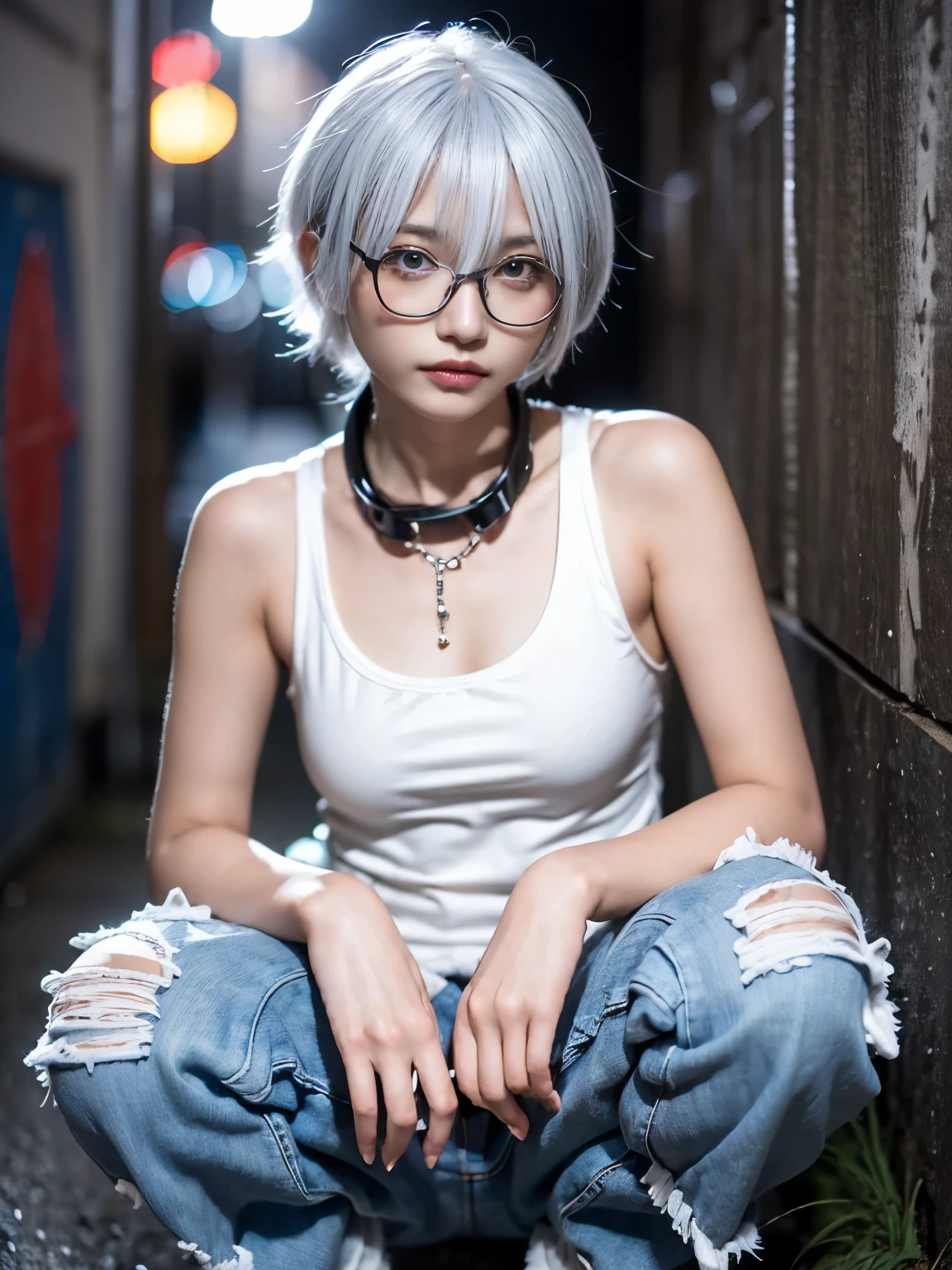 raw photo, 8k, (top-quality), Realistic, (real picture, Intricate details), (natural skin texture, detailed skin, hyper realism, sharpness), (Japanese age girl squatting in a dirty back alley at night, graffitied wall:1.3, hands in pockets), ((tight white tank top, Distressed denim pants, low rise baggy pants, leather collar)), (((flat chest:1.5))), (pale skin), ((white hair, shorthair, short bangs)), (glasses, seductive face, Parted lips:1.3), graffiti:1.5, trash can, night time, spot lighting:1.3, Full body shot
