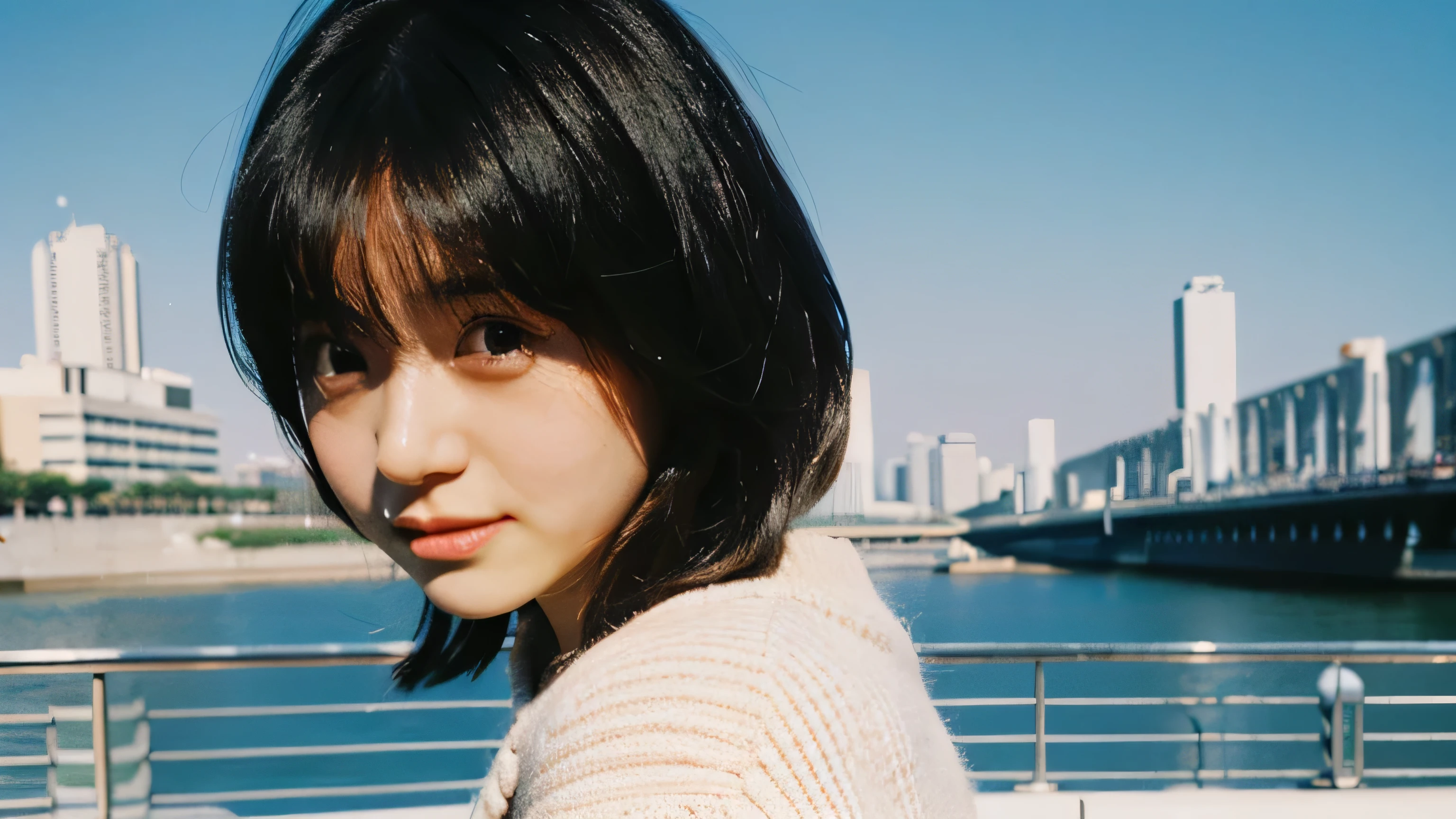 Fujicolor C200 film still. Dreamy close-up of a girl floating in the blue sky Yokohama City. soft and natural skin tone. bright diffused light. in the style of documentary photography, Aspect ratio 16:9, RAW style