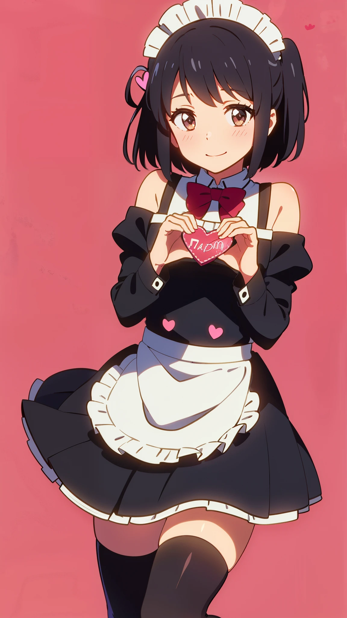 shinkai makoto, kimi no na wa., 1girl, bangs, black hair, blush, brown eyes, shiny skin, cute, smile, short hair, looking at the viewer, maid, maid apron, maid headdress, apron, bow, dress, short dress, frills, hair ornament, heart, heart hands, perfect hands, perfect fingers, Off-the-shoulders, one side up, solo, thighhighs, valentine background