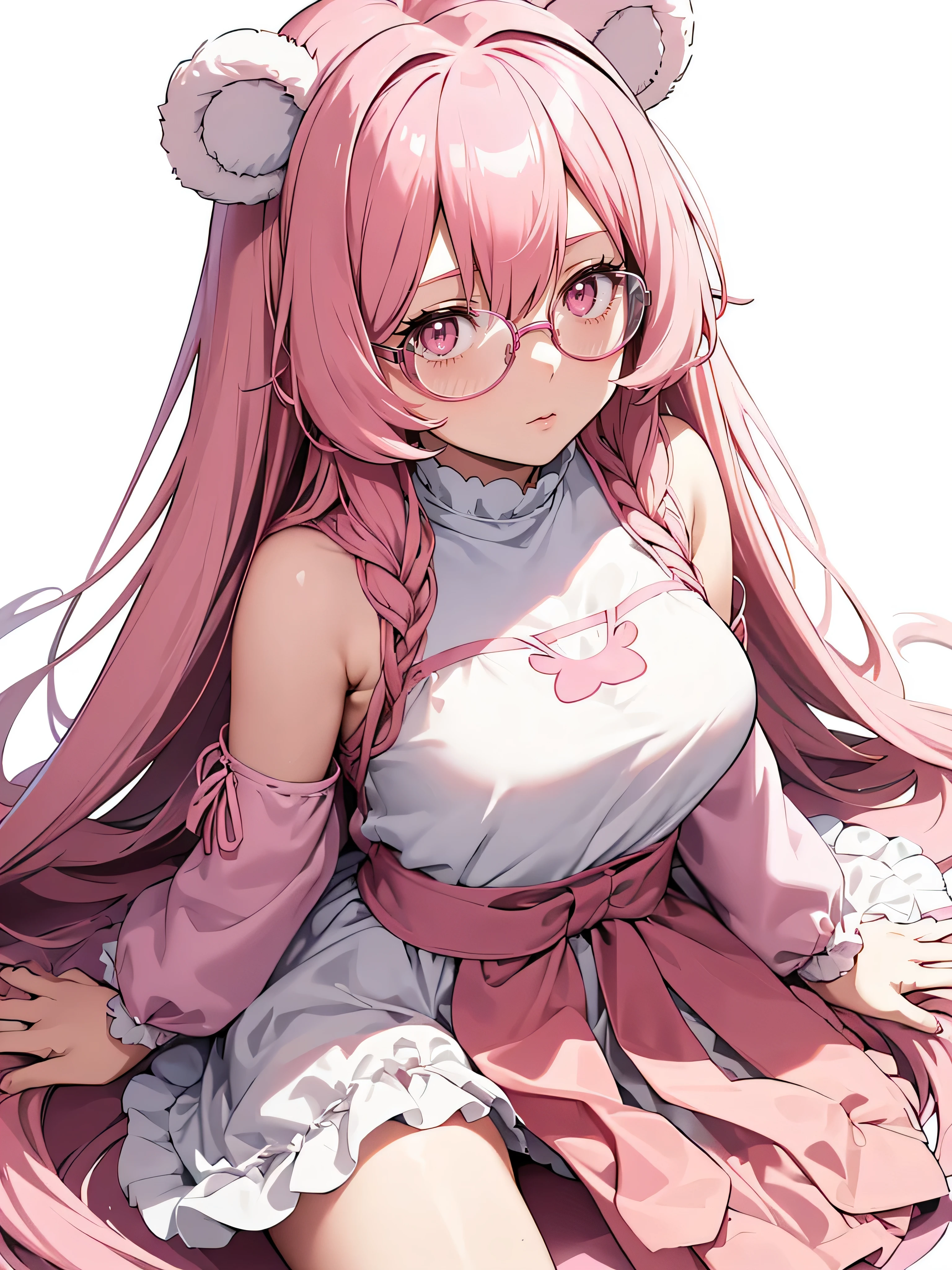 bear ears,pink long hair,anime characters,beautiful girl,(simple background, white background: 1.3),whole body,1,Cell Frame Glasses,