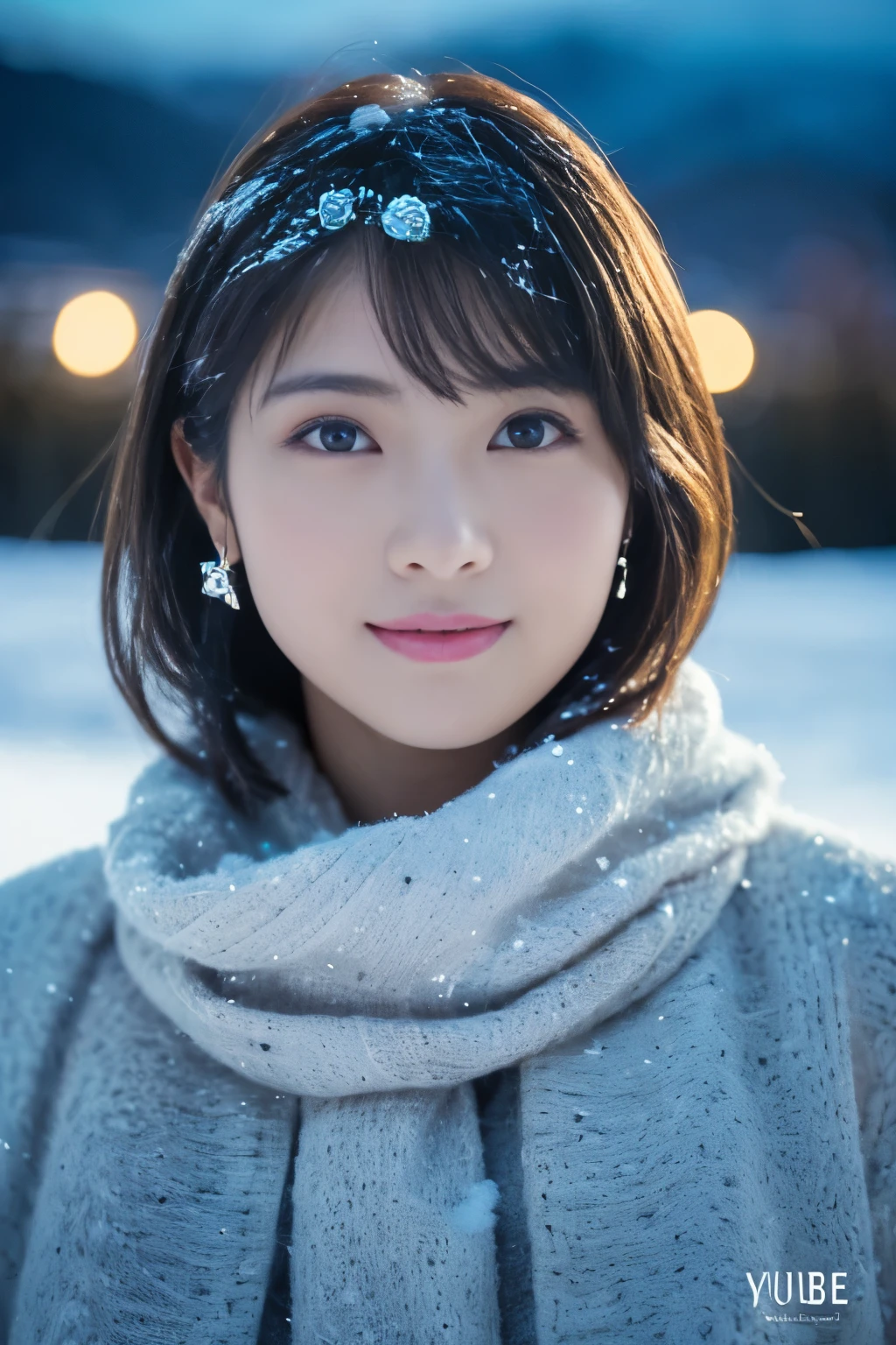 1 girl, (Winter clothes:1.2), beautiful japanese actress, 
Looks great in photos, Yukihime, long eyelashes, snowflake earrings,
(RAW photo, highest quality), (realistic, Photoreal:1.4), (table top), 
beautiful and fine eyes, beautiful detailed lips, highly detailed eyes and face, 
break
 (Frozen snow field in winter Lapland), 
mysterious beauty, swirling snowflakes, snow covered tree々, snow-capped mountain, 
(Snowy field scenery at night, starry sky:1.3),
indigo gradation, dramatic lighting, great atmosphere, 
break 
Perfect Anatomy, slender body, small, short hair, parted bangs, angel smile, 
crystal skin, clear eyes, Strobe photography, catch light