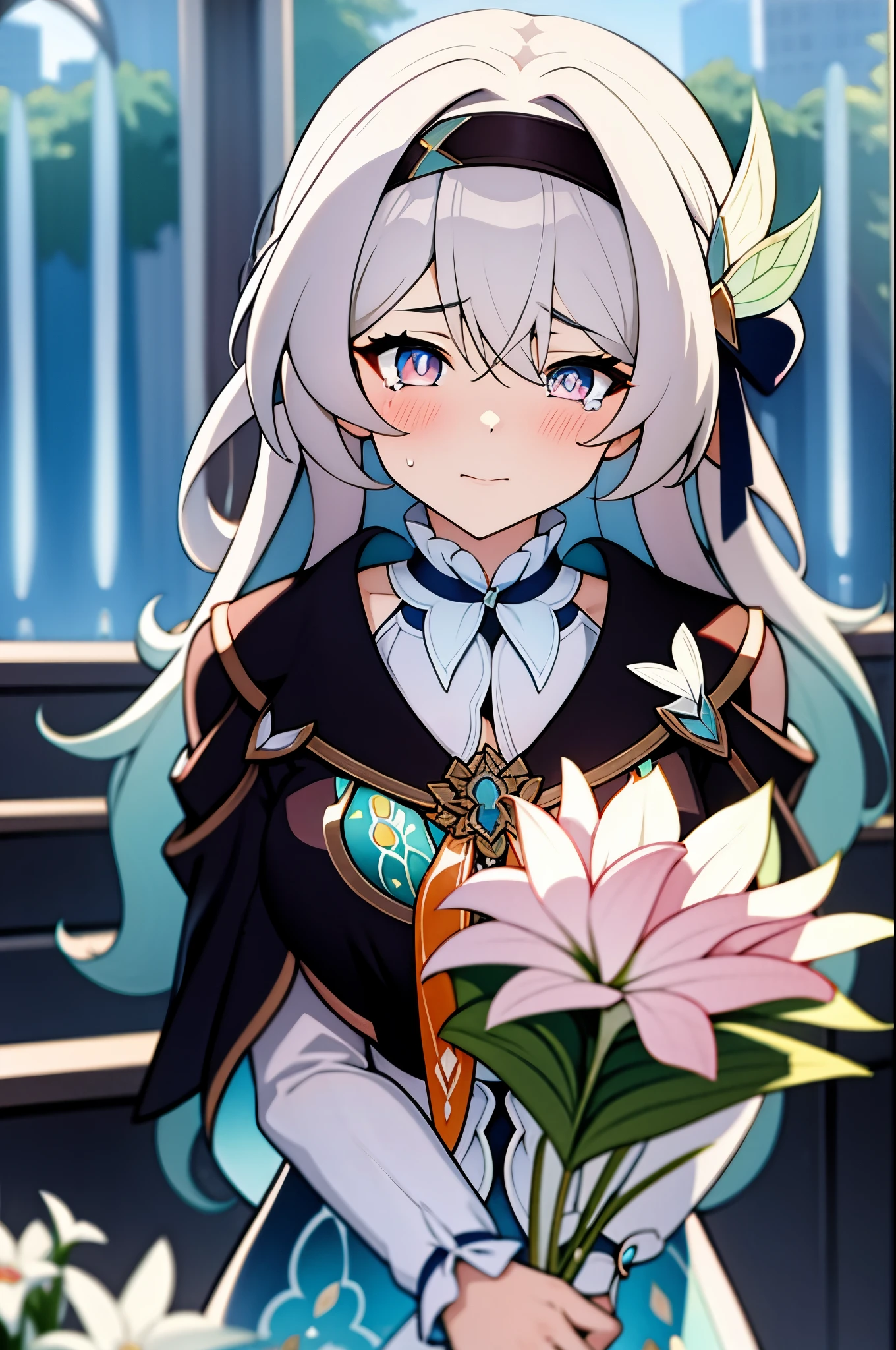 (masterpiece, best quality:1.2), 1 girl,Blue-pink gradient pupils,Brown and light teal,silver long hair,White,sit,Look at the audience,(((rain)))(((soaking wet)))(((bunch of flowers)))shed tears,tears