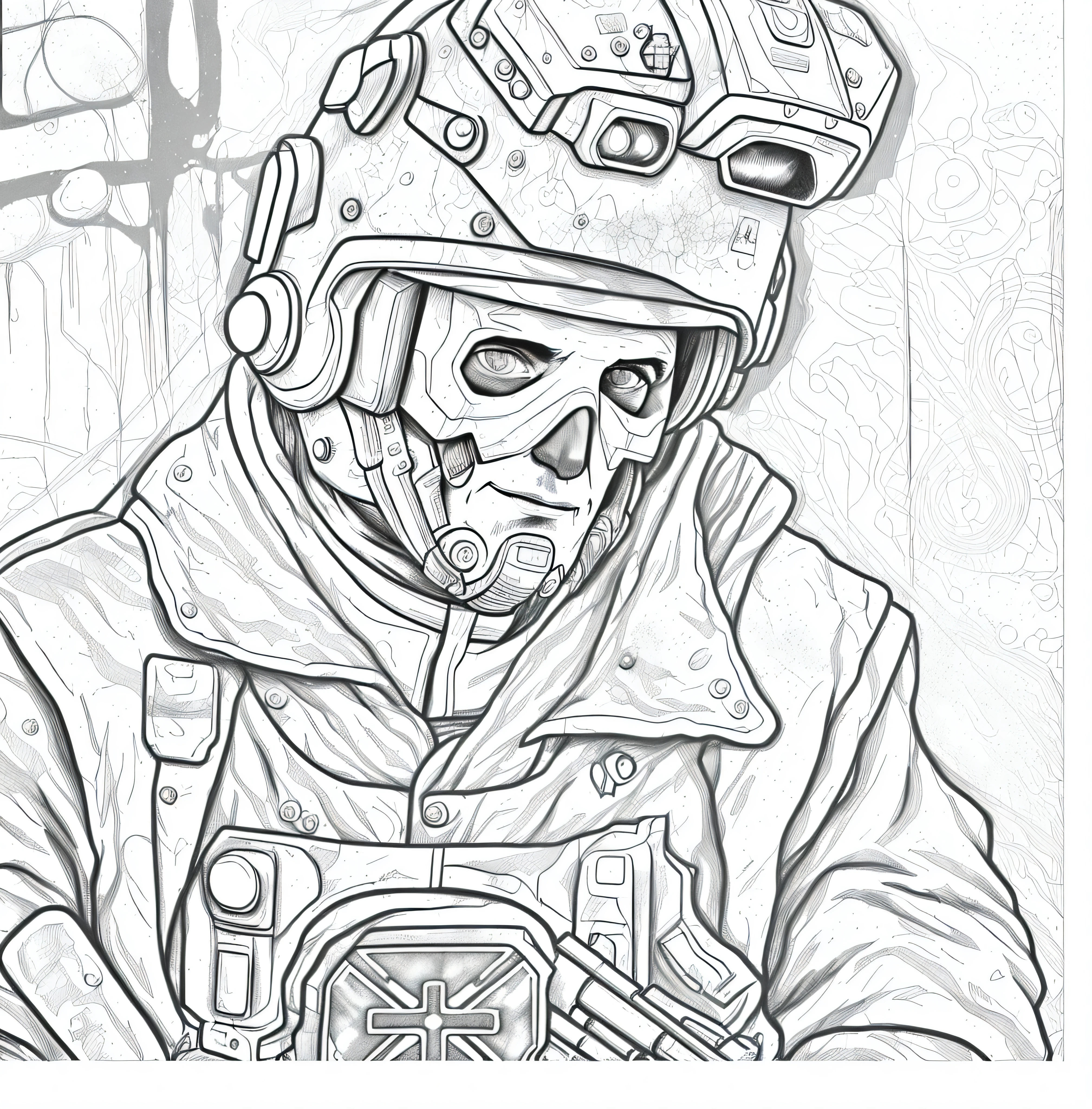 un dibujo de un soldado con un casco y una pistola, Silent decay coloration, dibujado con photoshop, linear art coloring page, arte lineal intenso, 8k crisp line art, Ilustraciones oficiales HDR, arte lineal hiper detallado, portrait of a cyber esqueleto, desaturado!!, Arte digital oscuro pero detallado, Clave alta detallada, filtro espeluznante, ( ( ( esqueleto ) ) )