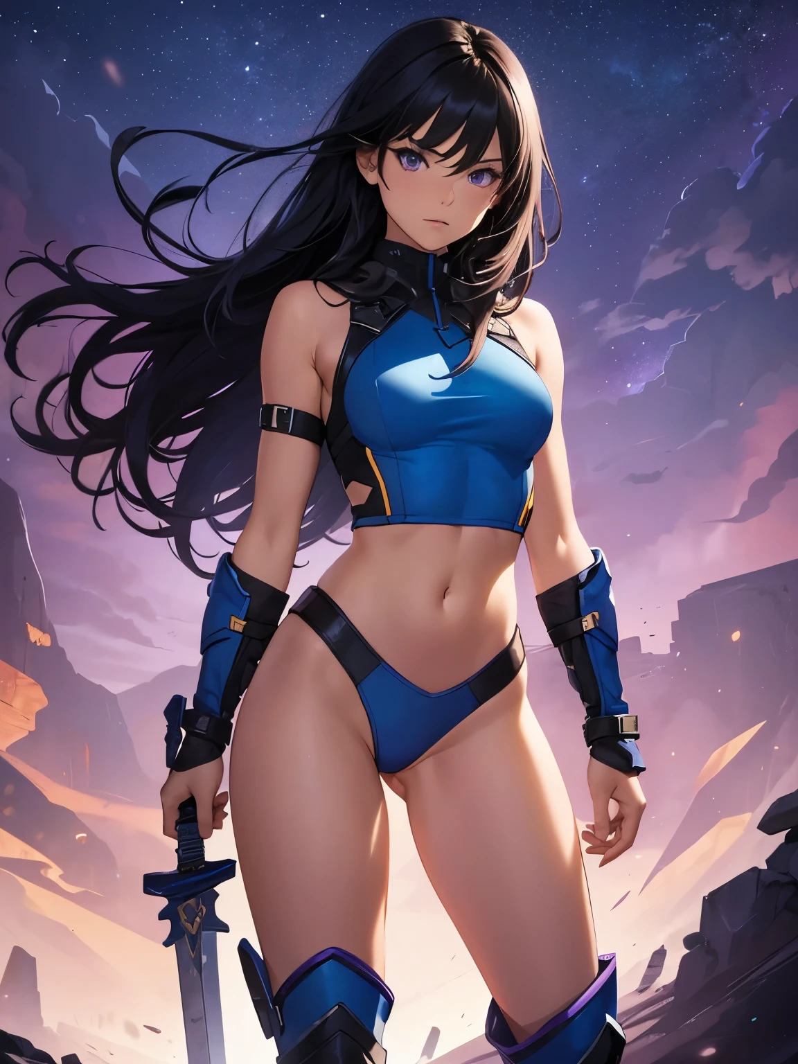 1girl, medium breasts, leotard, blue leotard with purple accents, sleeveless, midriff, bare legs, boots, matching boots, bracelets, mars backdrop, solo, single, standing, full body shot, cowboy shot, beautiful detailed eyes, black hair, medium hair, superhero, barbarian, using broad sword in hand