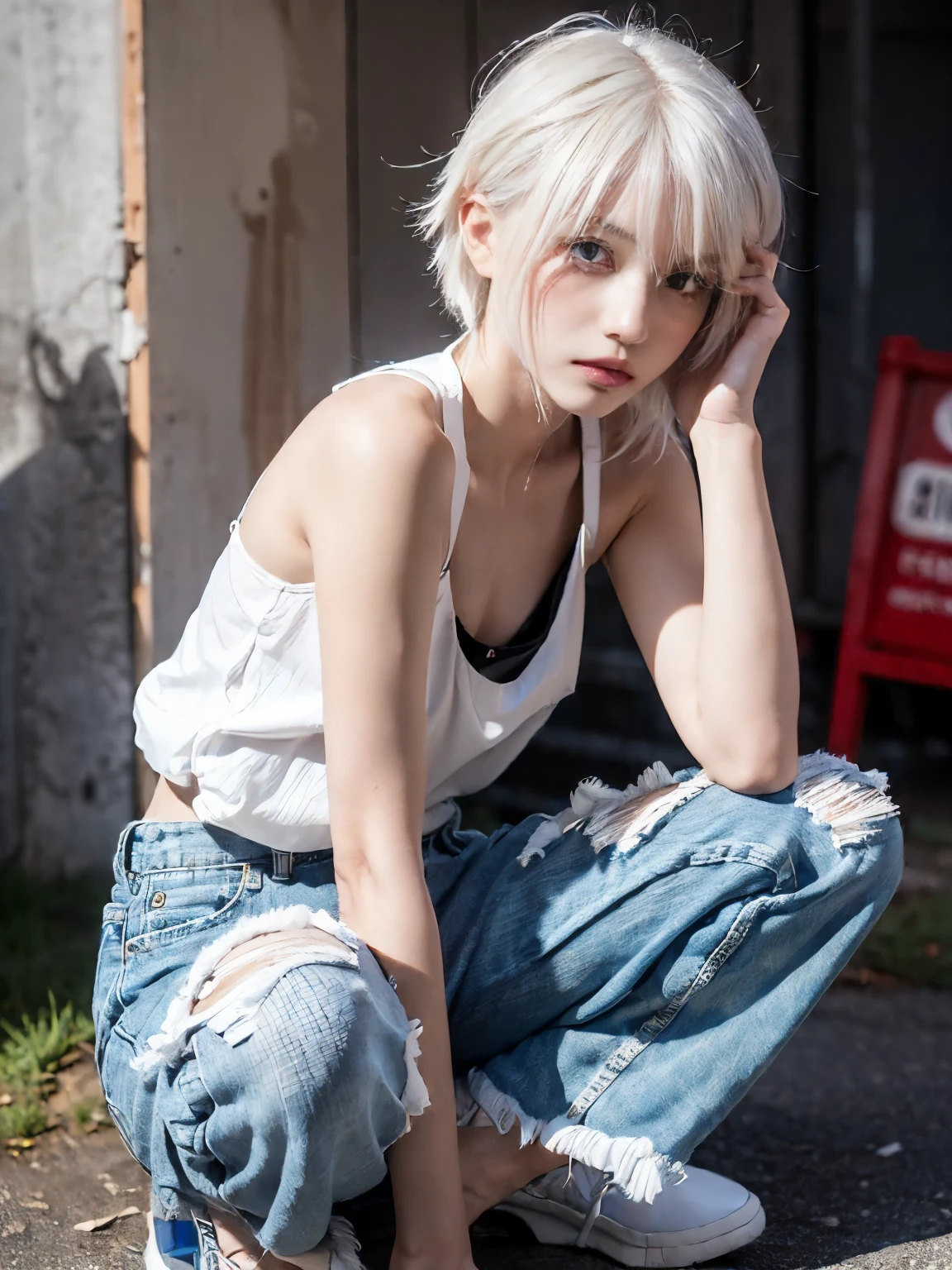raw photo, 8k, (top-quality), Realistic, (real picture, Intricate details), (natural skin texture, detailed skin, hyper realism, sharpness), (Japanese girl squatting in a dirty back alley at night, graffitied wall:1.3, hands on head), ((tight white tank top, Distressed denim pants, low rise baggy pants, leather collar)), (((flat chest:1.5))), (pale skin), ((white hair, shorthair, messy hair, short bangs)), (seductive face, Parted lips:1.3), graffiti:1.5, trash can, night time, spot lighting:1.3, Full body shot