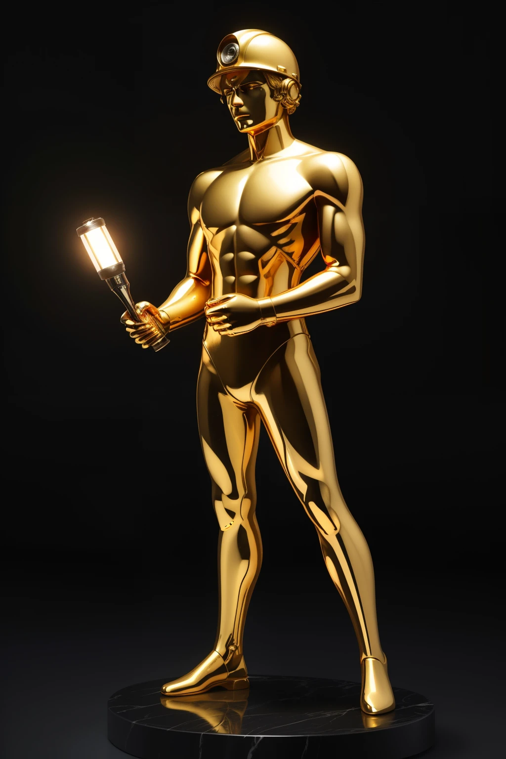 Photo of the award of the film festival is a golden Oscar statuette, in the form of a golden miner made of gold in an emotional pose with a movie camera, ((minimalism)), a miner's helmet with a flashlight, a statuette in a full body, a stand made of black marble InkPunk, Highly detailed and complex conceptual art trend with low-poly eyes ArtStation 8K