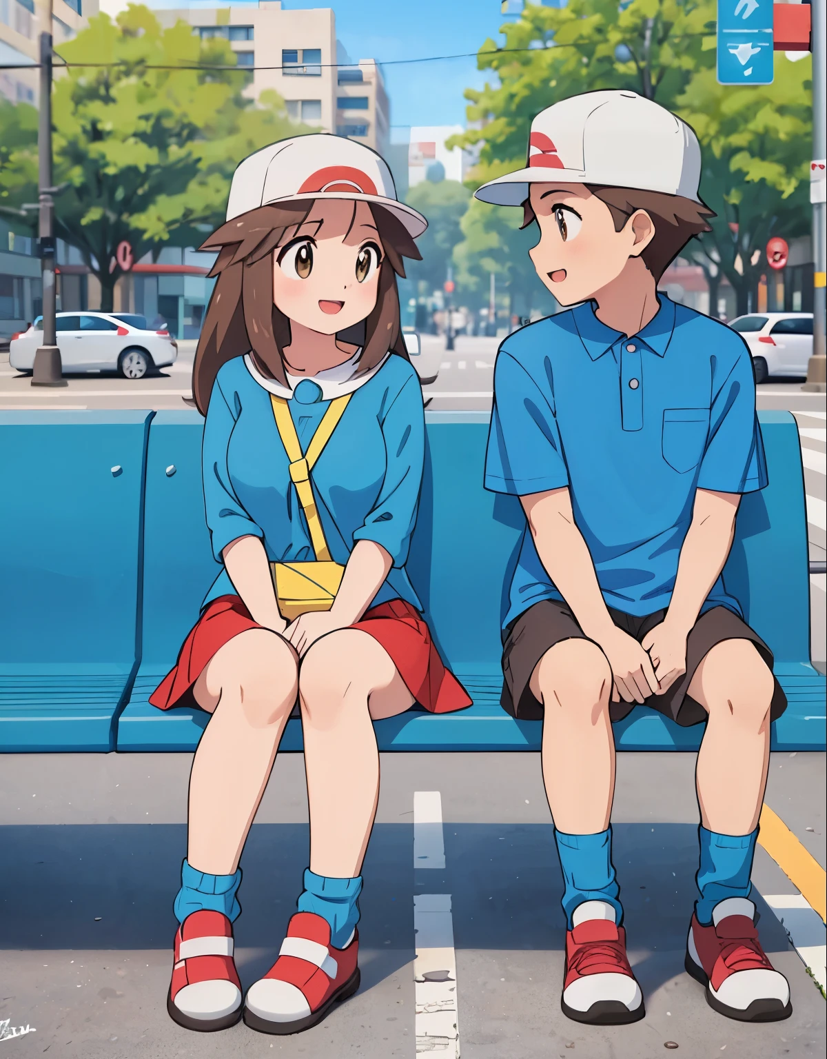 Leaf pokemon sitting at the bus stop with her boyfriend, he is wearing a red skirt, blue shirt, brown eyes, loose socks, white footwear, upskirt, body shape, chubby thighs and and the boy is wearing a red pokemon trainer outfit,  both talking and having a good time. illustration, vibrant colors, detailed eyes, detailed lips, street scene, urban environment, sunlight, happy atmosphere, casual clothing, summer vibes, young couple, relaxed posture, animated conversation, love and affection, public transportation, modern setting, city life, surrounding buildings, trees, bustling crowd, contemporary art style, warm tones. (best quality, highres, vivid colors, ultra-detailed, realistic:1.37), street photography, natural lighting.