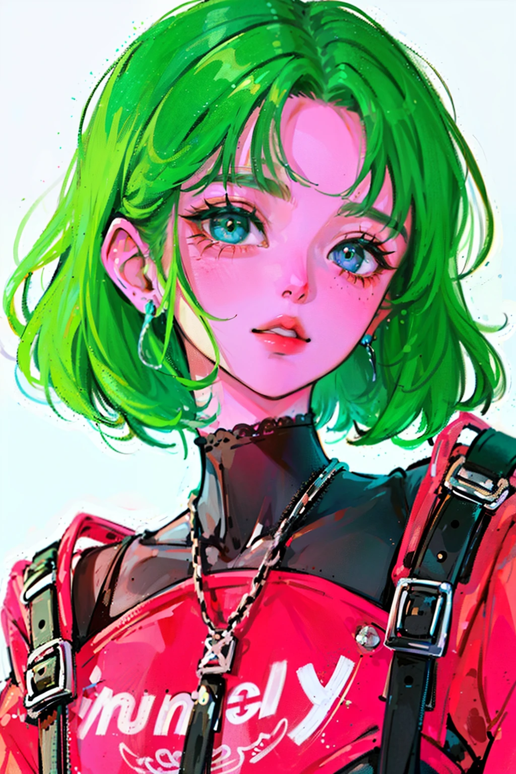 (portrait:1.4), (masterpiece:1.2, highest quality:1.2), From above, looking down, Upper body, 1 girl, look up, face focus, very fine eyes, good looking, compensate, put your finger on your lips, Fashion Wear, earrings, Green hair Short hair with a long nape