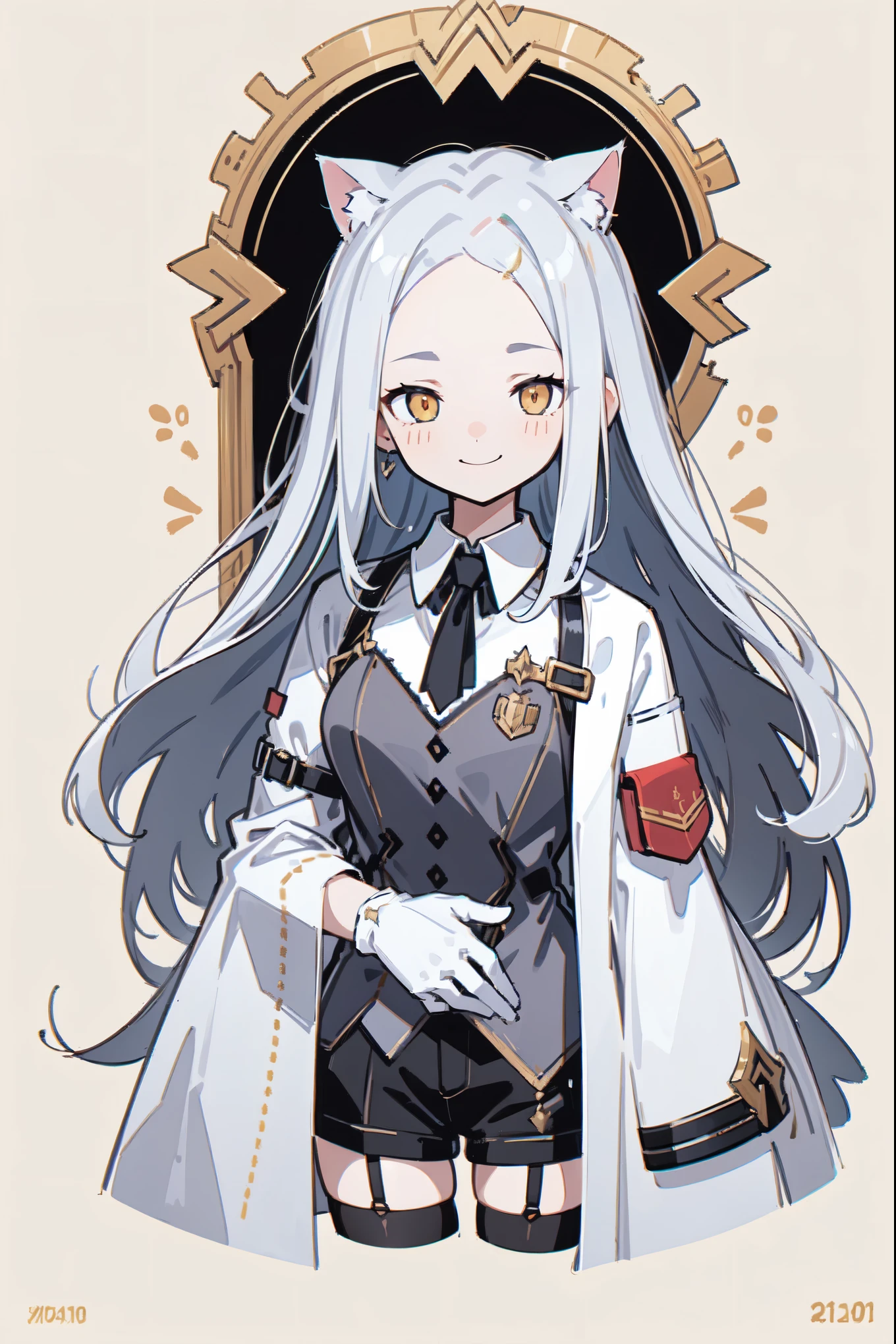 1girl, woman, solo, long hair, big hair, white hair, cat ears, (forehead:1.2), yellow eyes, medium breasts, devilish grin from below, white hair, (overcoat, black coat, open coat:1.2), white shirt, collared shirt, (chest harness, shoulder strap:1.15), black leather shorts, garter belt, gloves, ((from below)), elegant, looking at viewer, standing, chromatic aberration, (close-up to face:1.2), face only masterpiece, best quality, 4k