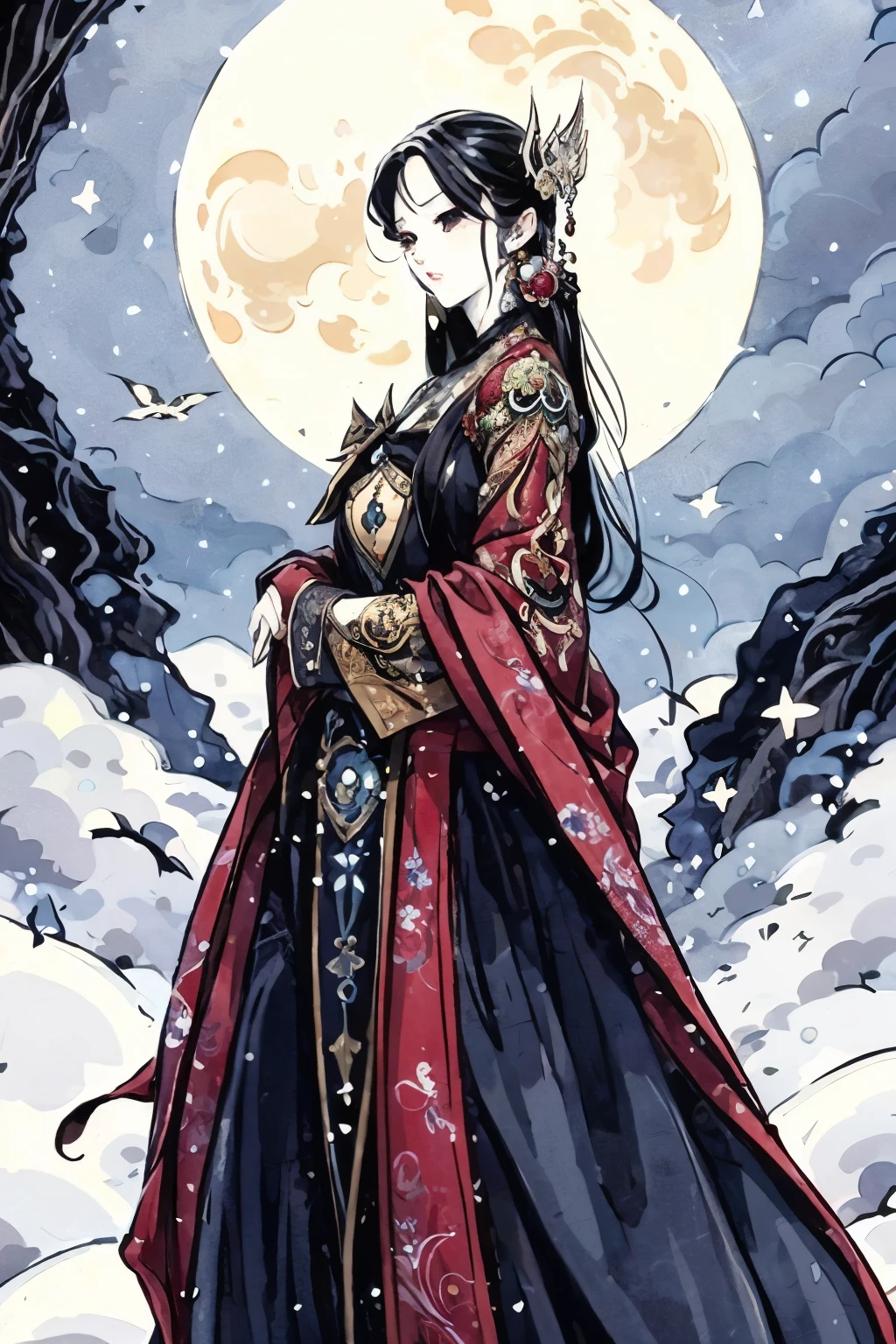 the toccono tarot tarot card with a woman in a long dress, by Kilian Eng, style of kilian eng, inspired by Kilian Eng, in style of laurie greasley, laurie greasley and james jean, dark illustration, dark fantasy. intricate, moon goddess, laurie greasley, kilian eng vibrant colors, korean art nouveau anime