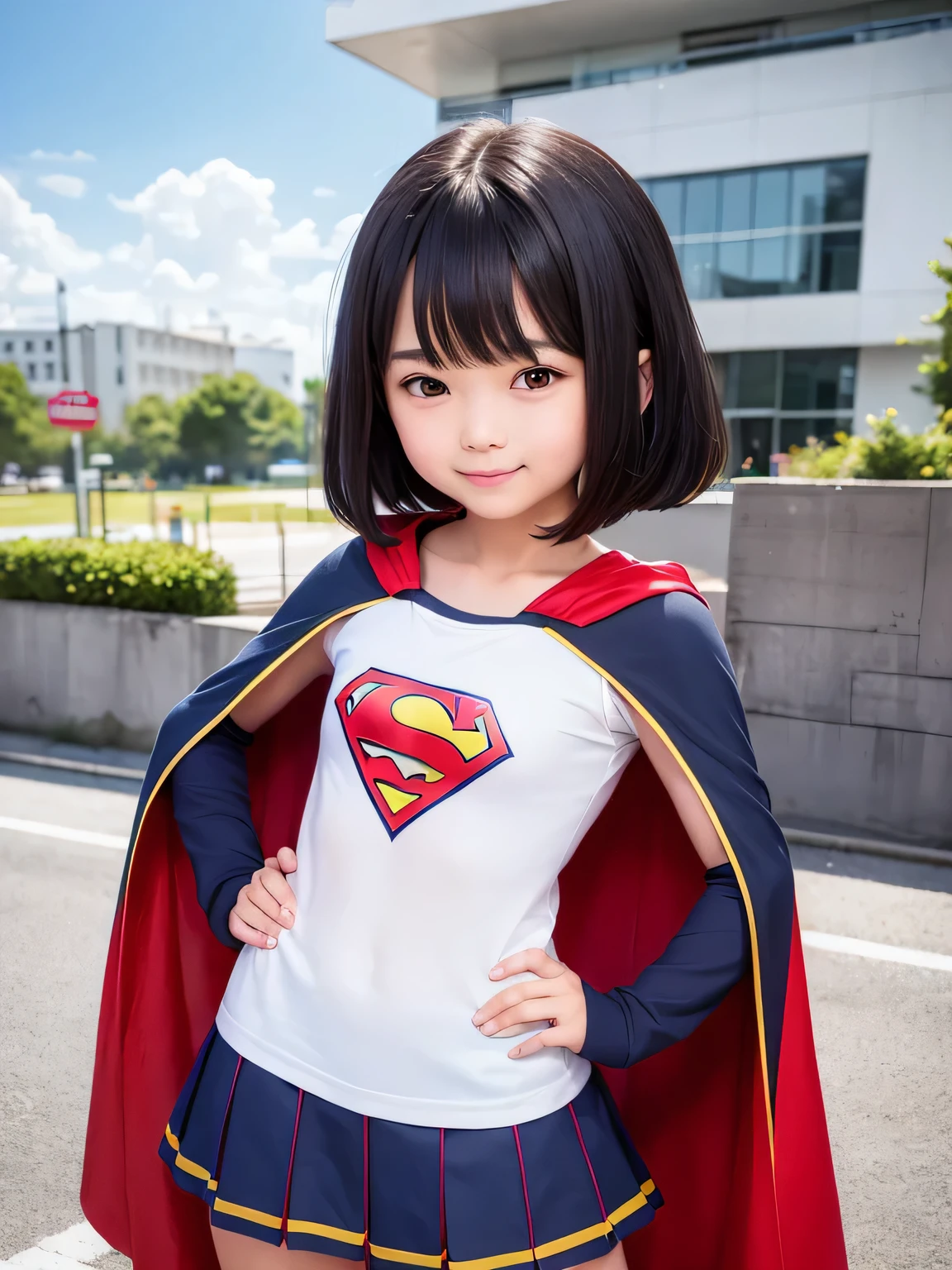 A very elementary school student is wearing Supergirl clothes..、masterpiece、highest quality、Spreading black hair、bob cut with trimmed ends、(flat chest)、lolicon、red cloak、short sleeve、pink heart shaped particles、Rooftop background with pool、whole body、smile、stand with hands on hips