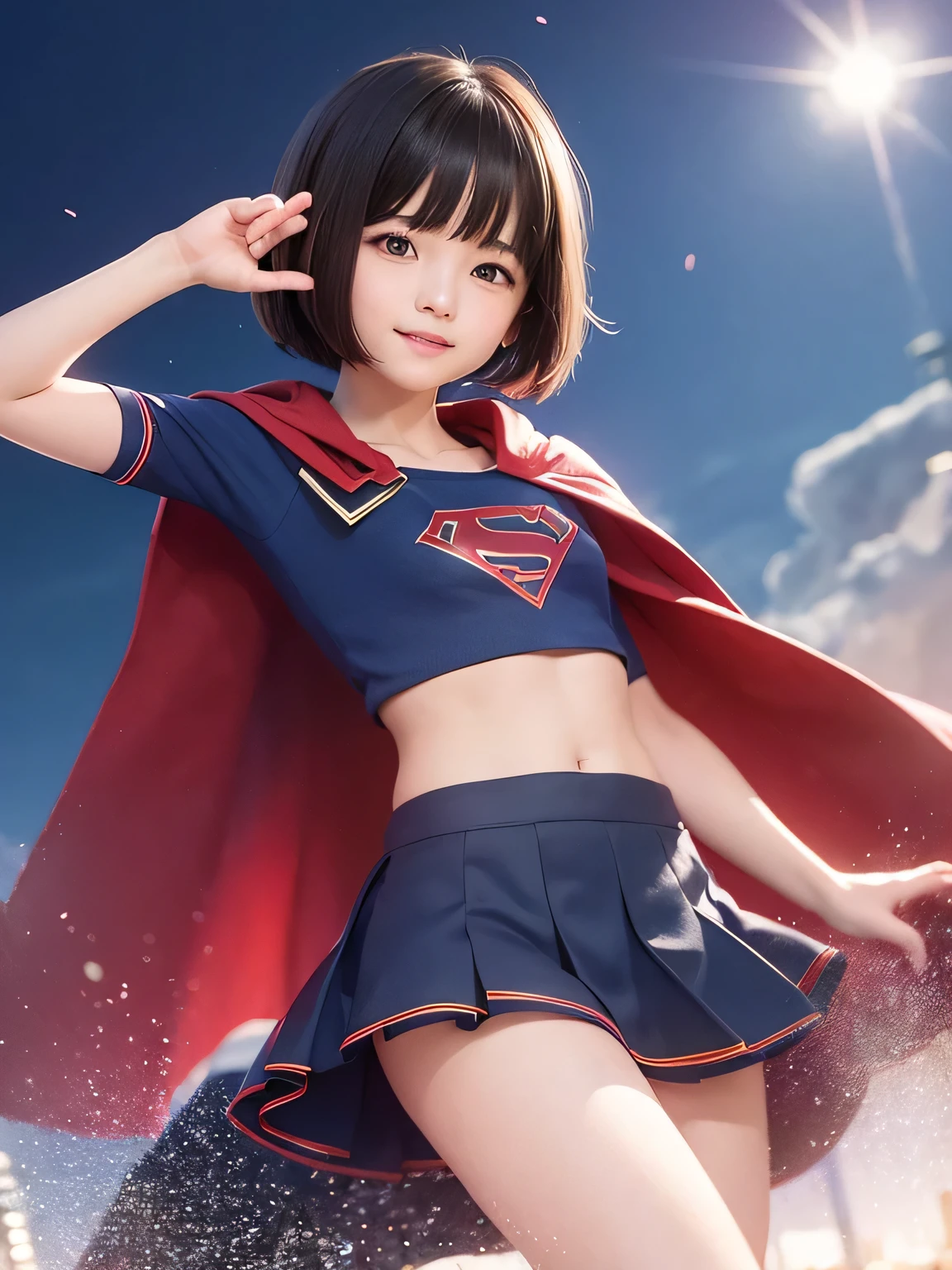 A  is wearing Supergirl clothes..、masterpiece、highest quality、Spreading black hair、bob cut with trimmed ends、(flat chest)、lolicon、red cloak、short sleeve、pink heart shaped particles、Rooftop background with pool、(whole body)、smile、