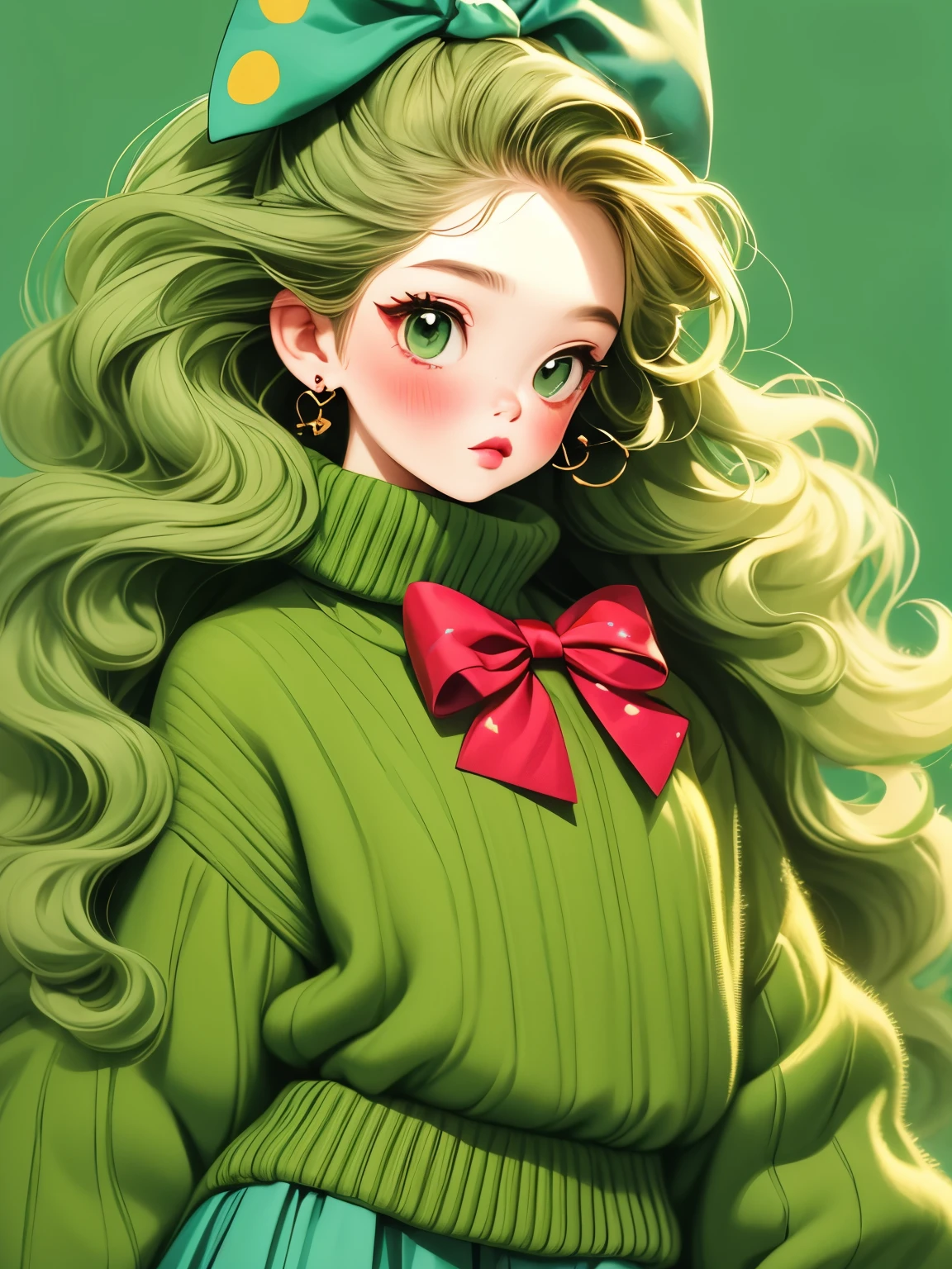 (masterpiece, best quality:1.2),1 beautiful girl，Exquisite facial features，Skin detail processing，The eyes are very detailed，fine hair，fluffy hair，long hair，curls，bow headband，Loose and lazy sweater，Geometric patterns，Sweater details，hairy，Warm，skirt，Retro contrasting colors，clean background，green，blue，Red，