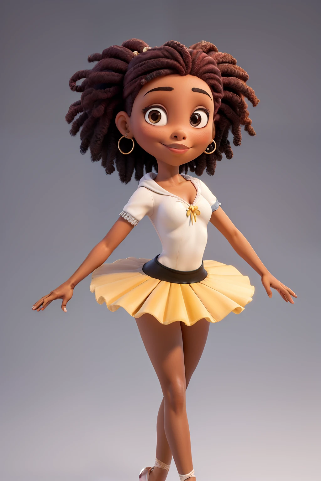obra de arte, melhor qualidade ,Retrato de uma mulher bailarina madura negra ruiva, adulta, Looking at the camera, com cabelos vermelhos presos em um coque, with ballet skirt and pointe shoes, Doing ballet pose