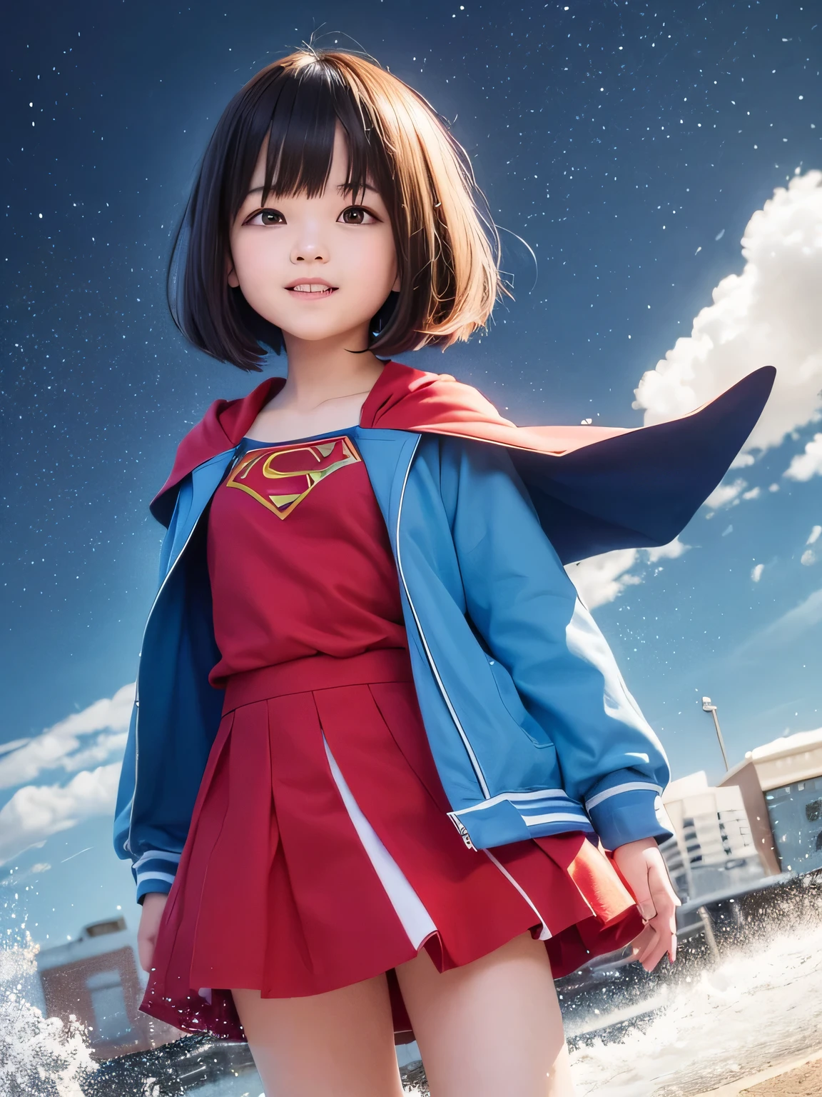A is wearing Supergirl clothes..、masterpiece、highest quality、Spreading black hair、bob cut with trimmed ends、(flat chest)、lolicon、red cloak、short sleeve、pink heart shaped particles、Rooftop background with pool、whole body、smile、
