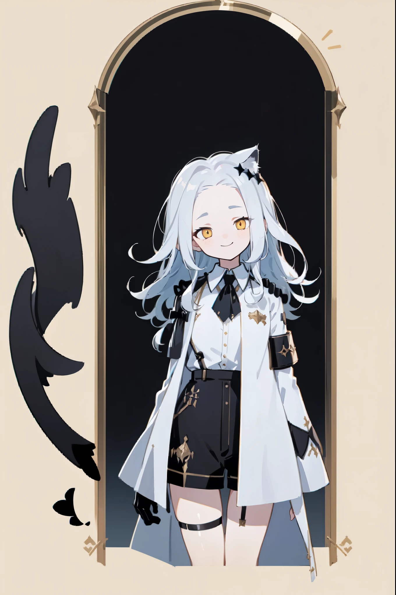 1girl, woman, solo, long hair, big hair, white hair, cat ears, (forehead:1.2), yellow eyes, medium breasts, devilish grin from below, white hair, (overcoat, black coat, open coat:1.2), white shirt, collared shirt, (chest harness, shoulder strap:1.15), black leather shorts, garter belt, gloves, ((from below)), elegant, looking at viewer, standing, chromatic aberration, (close-up to face:1.2), face only masterpiece, best quality, 4k
