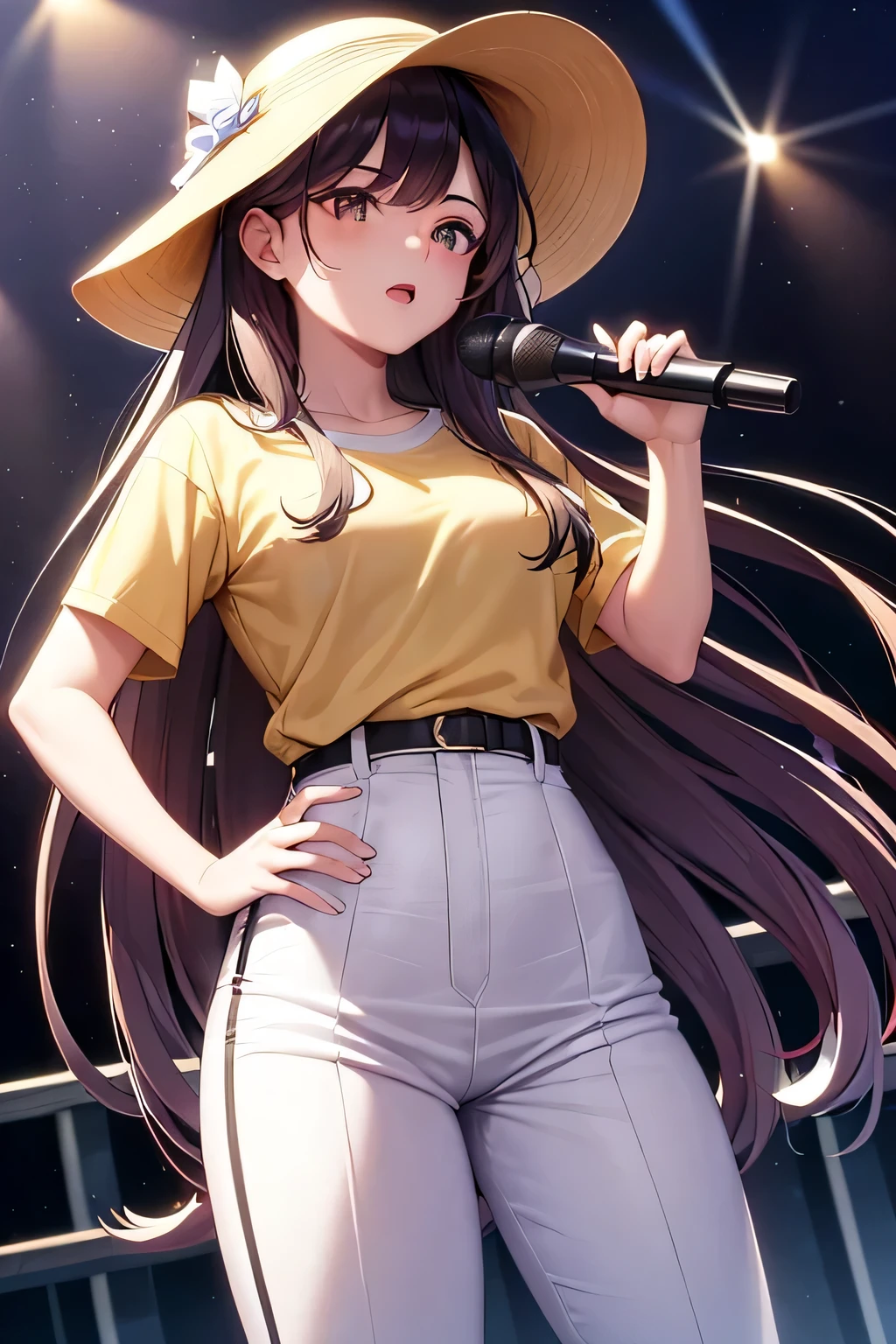 Chica anime con pelo largo wearing a hat and holding a microphone, from chicas de primera linea, marin Kitagawa fan art, Chica anime con pelo largo, con sombrero de paja, visual anime de una linda chica, estilo de arte anime moe, Estilo de arte anime de alta calidad., ilya kuvshinov con pelo largo, finos detalles. chicas de primera linea, Kawacy, obra de arte oficial muy detallada