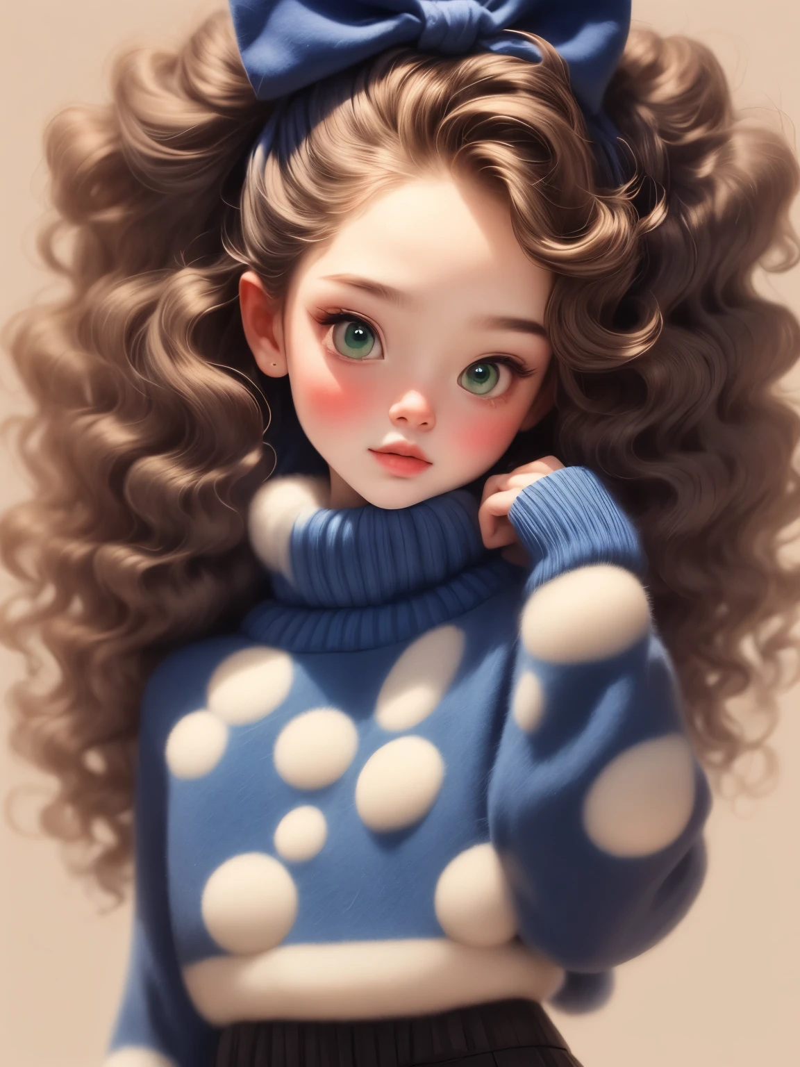 (masterpiece, best quality:1.2).1 beautiful girl,Skin detail processing,The eyes are finely described,Delicate hair,fluffy hair,bow headband,Loose and slouchy sweater,Geometric patterns,Sweater details,hairy,Warm,skirt,Retro contrasting colors,clean background,green,blue,red,