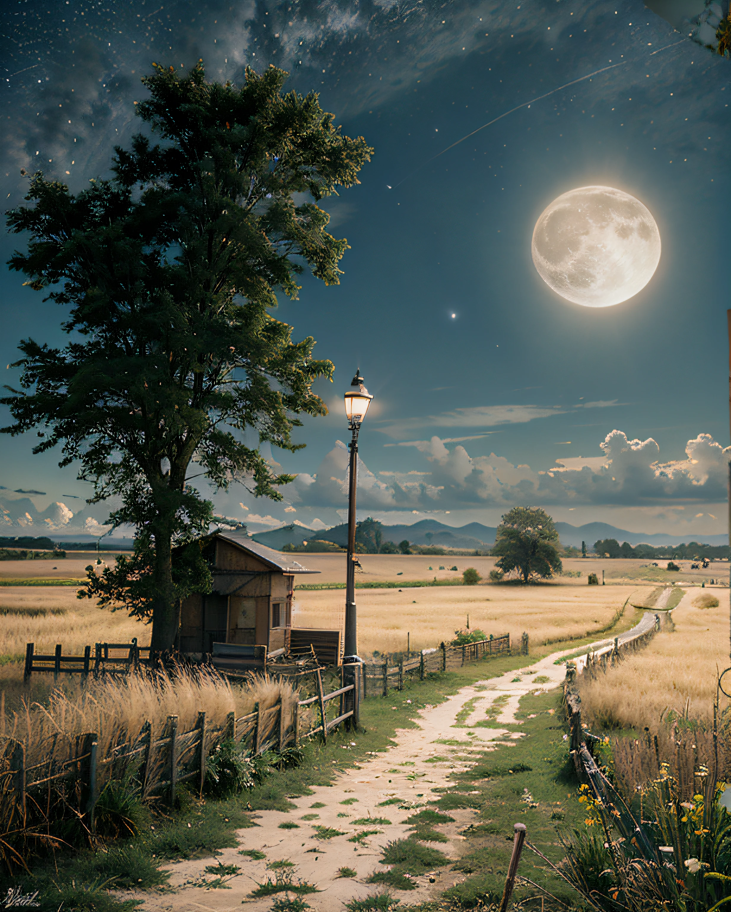 pintura de uma estrada rural com um celeiro e uma lua cheia, Noite de luar atmosfera sonhadora, bela noite de luar, Paisagem da lua da rua, paisagem campestre anime, lindo luar, at night with full moon, luz bonita da lua, at night with moon light, arte de fundo do anime, O brilho do luar, foto muito bonita, scenery artwork, arte de fundo, Night scenery