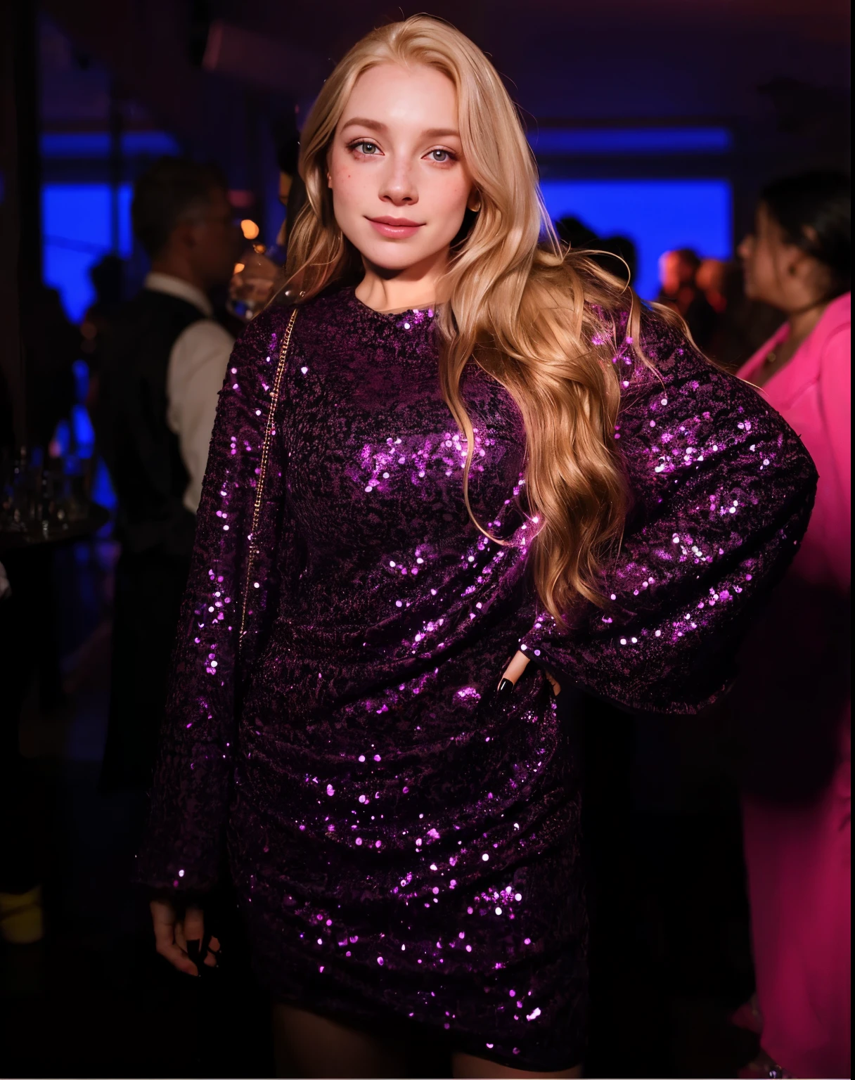Rosto de uma mulher, americana, 25 anos, pale skin and freckles, olhos cinzas, nariz delicado, soft and delicate lips, cabelo blondie cinza longo e ondulados, sorriso meigo, full hair down to the waist