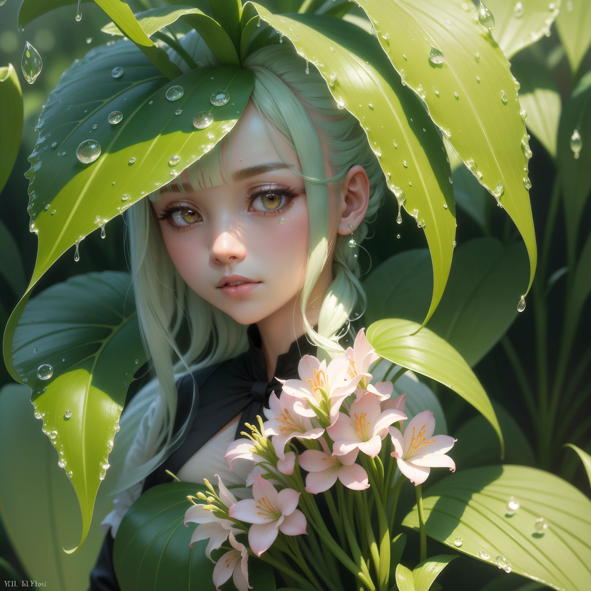 lily of the valley in the morning dews, a digital rendering by Ikuo Hirayama, flickr, art nouveau, dew drops, summer morning dew, dew, dewdrops, beautiful!!!!!!!!!, flowers rain everywhere, incredibly ethereal, extremely beautiful and ethereal, beautiful flowers, really beautiful nature, by rainer hosch, beautiful nature, pink flowers, natural beauty