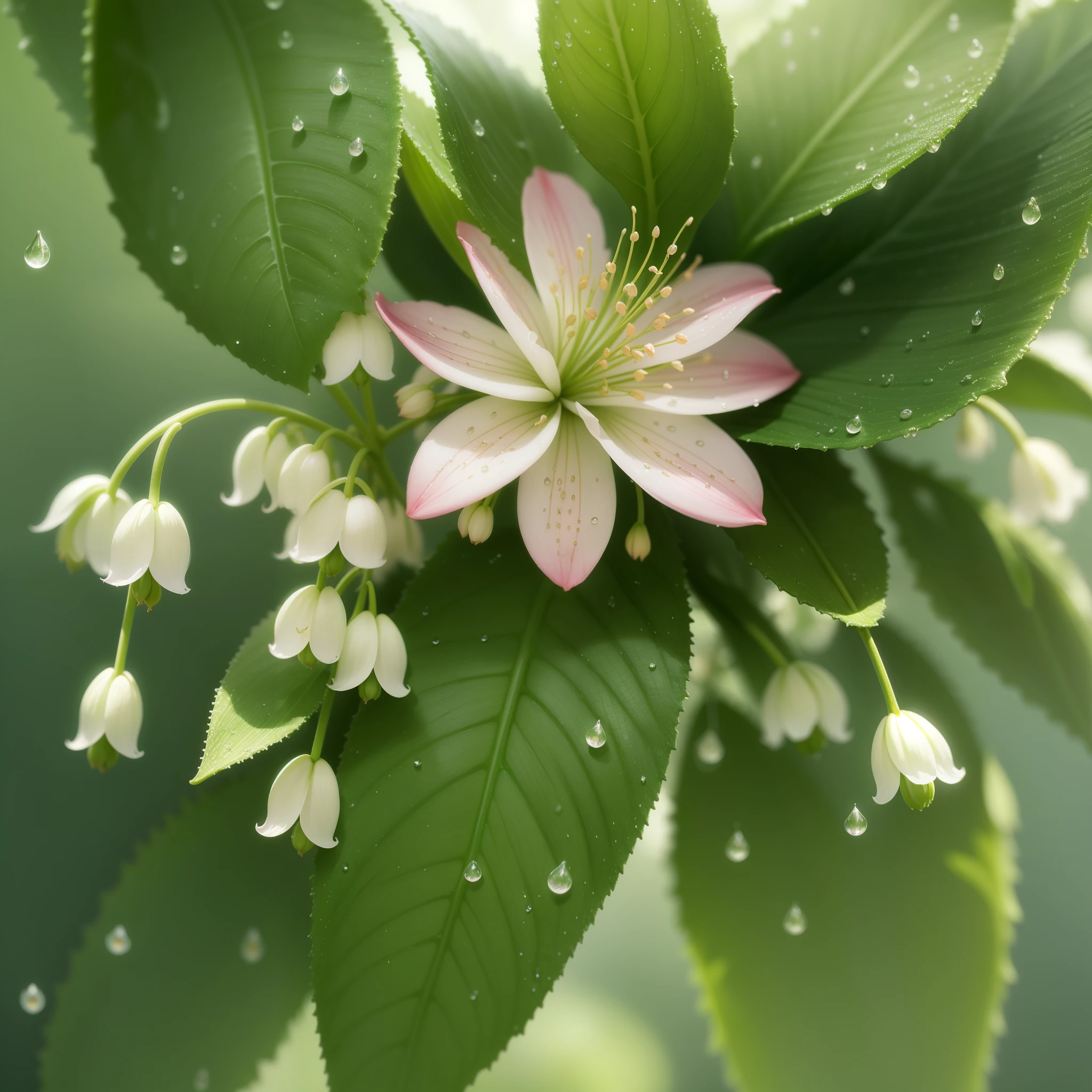 lily of the valley in the morning dews, a digital rendering by Ikuo Hirayama, flickr, art nouveau, dew drops, summer morning dew, dew, dewdrops, beautiful!!!!!!!!!, flowers rain everywhere, incredibly ethereal, extremely beautiful and ethereal, beautiful flowers, really beautiful nature, by rainer hosch, beautiful nature, pink flowers, natural beauty