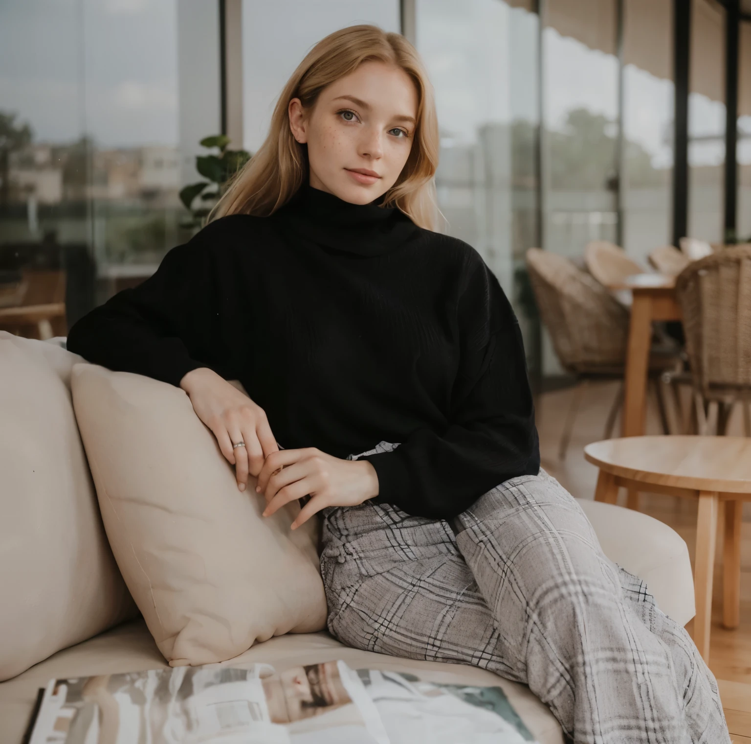 Rosto de uma mulher, americana, 25 anos, pale skin and freckles, olhos cinzas, nariz delicado, soft and delicate lips, cabelo blondie cinza longo e ondulados, sorriso meigo, full hair down to the waist