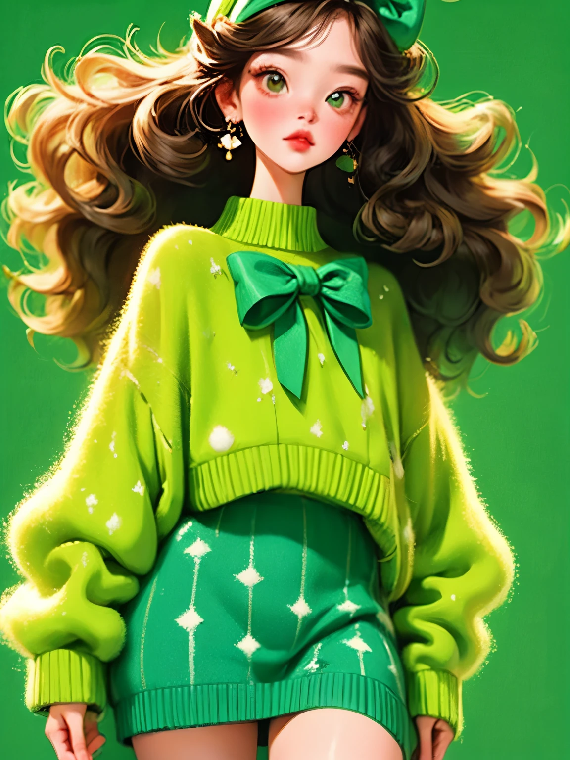 (masterpiece, best quality:1.2).1 beautiful girl，Skin detail processing，The eyes are finely described，Delicate hair，fluffy hair，bow headband，Loose and slouchy sweater，Geometric patterns，Sweater details，hairy，Warm，skirt，Retro contrasting colors，clean background，green，blue，red，