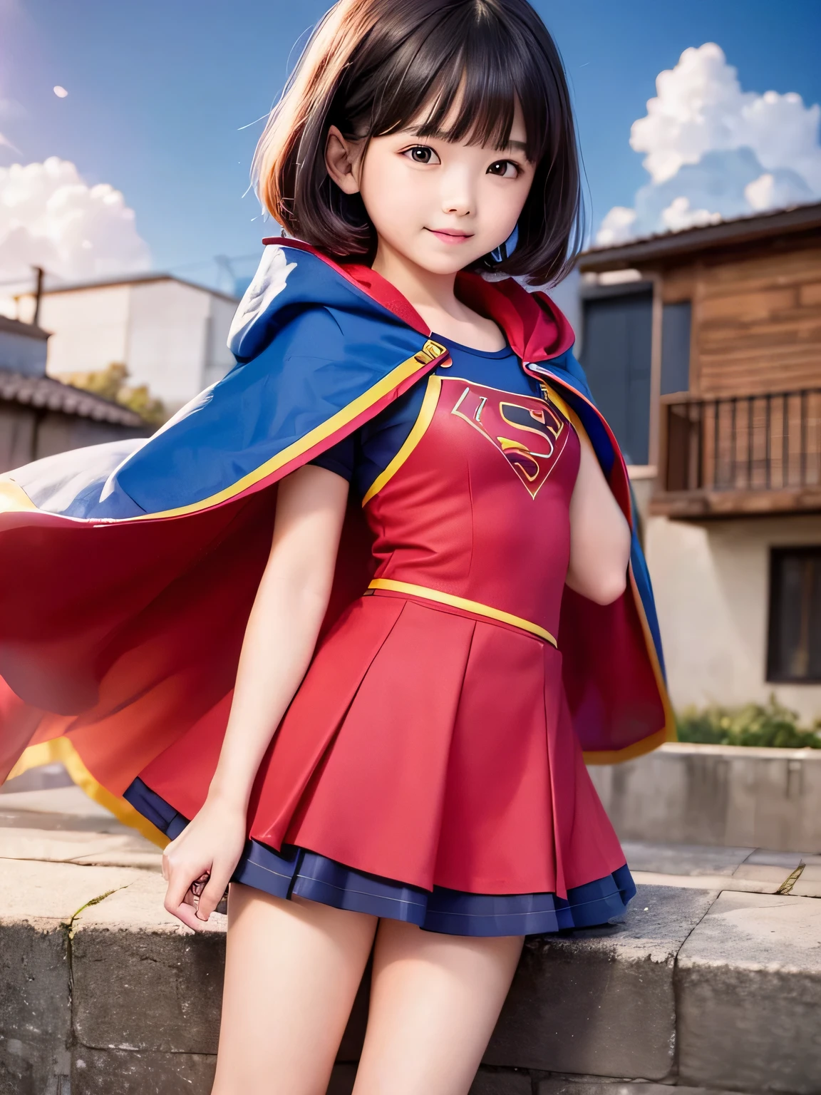 A very elementary school student is wearing Supergirl clothes..、masterpiece、highest quality、Spreading black hair、bob cut with trimmed ends、(flat chest)、con、red cloak、short sleeve、pink heart shaped particles、Rooftop background with pool、whole body、smile、