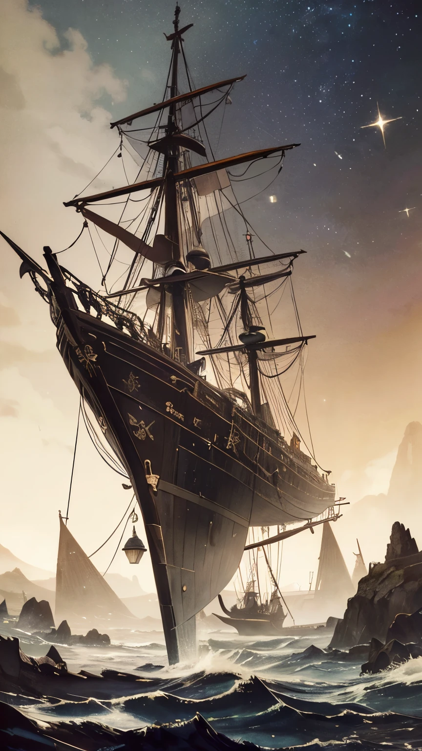 Arthur Rackham, Heikala, Surreal, mysterious, strange, fantastical, fantasy, Sci-fi, Japanese anime, compass and celestial globe, natural history exploration, miniskirt beautiful girl, perfect voluminous body, sailing ship sailing to the stars, detailed masterpiece Hyper realistic sharp focus sexy skin wet glistening 