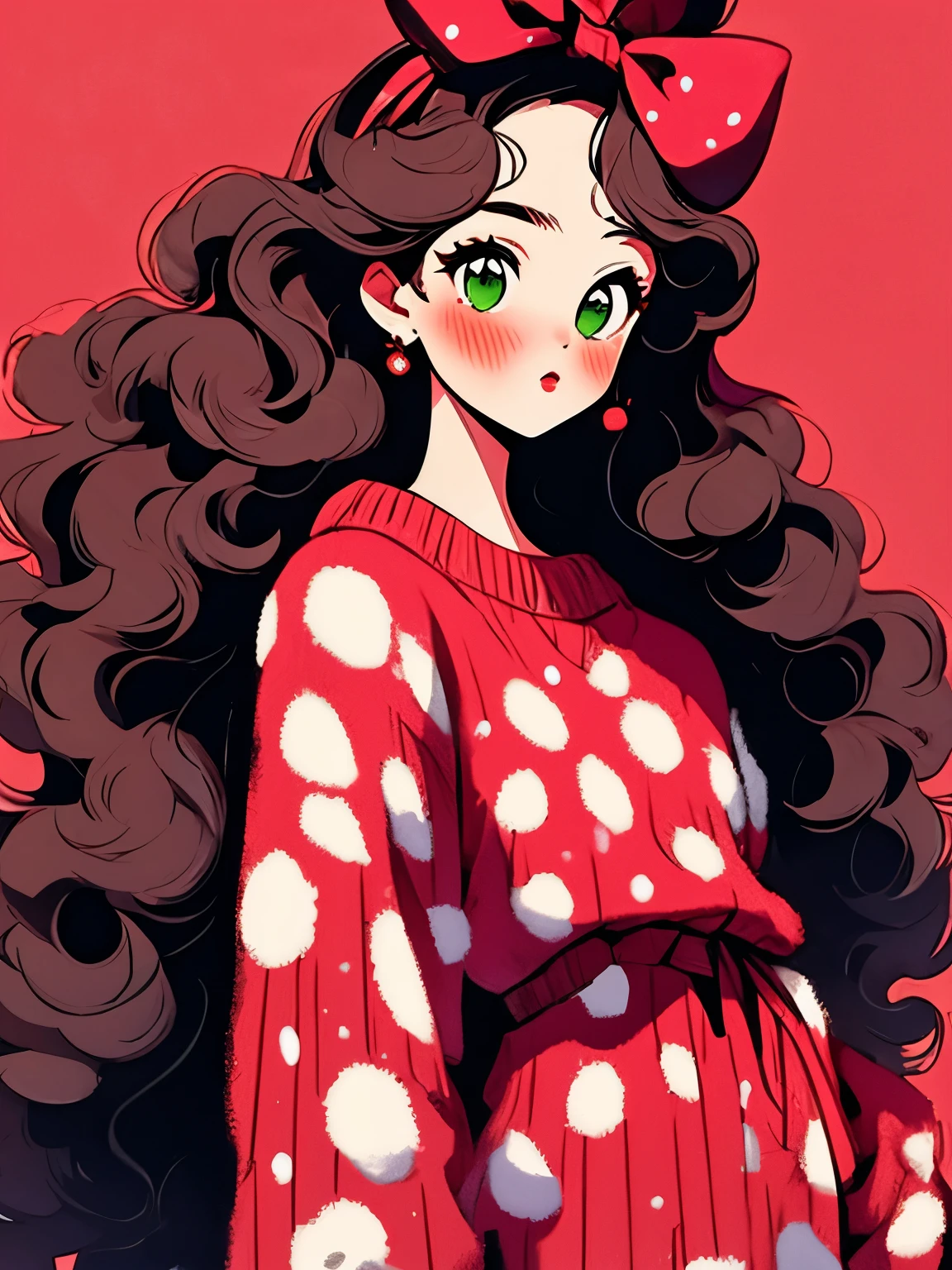 (masterpiece, best quality:1.2),1 beautiful girl,Exquisite facial features,Skin detail processing,The eyes are very detailed,fine hair,fluffy hair,long hair,curls,bow headband,Loose and lazy sweater,Geometric patterns,Sweater details,hairy,Warm,skirt,Retro contrasting colors,clean background,green,blue,Red,