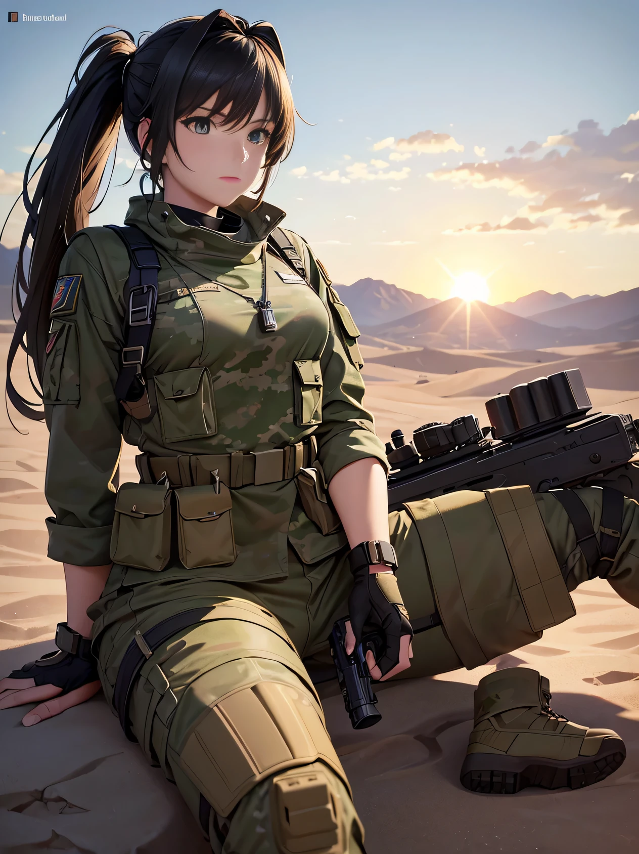 highest quality, 8K, Super detailed image of anime style female soldier, Take a break during a break in battle. She sits facing a meticulously rendered tank。, her green eyes were focused on the horizon. her long ponytail flows freely over her shoulders, Her camouflage uniform is crisp and beautiful, Decorated with dog tags and boots. The high contrast between the sun-drenched aquarium and the softly lit desert landscape、Adds depth to highly detailed backgrounds。. A soldier&#39;s rifle leans against a tank, She is relaxing with her helmet on her lap。. clouds are scattered in the sky, and the sun casts long shadows