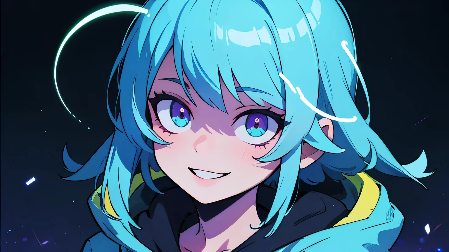 ((best quality)), ((masterpiece)), (detailed), perfect face, detailed background, masterpiece, best quality, smile, ornament, hoodie, portrait, blue neon, graffiti, dark, night, glowing eyes, blacklight
