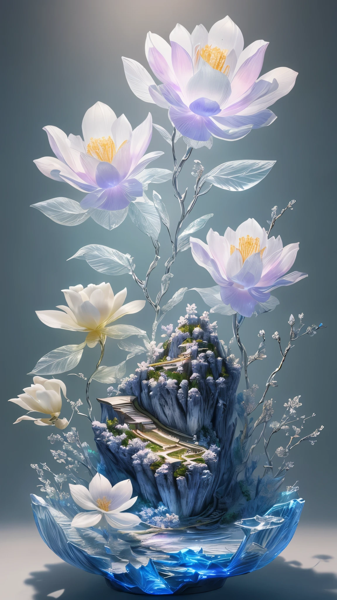 best quality, realistic, photorealistic,  ultra detailed, "Mountain of Flower and Fruit+Fairy+Chinese Architecture" highly detailed carving on "southern ice" porcelain,Ultra wide angle,Accent Lighting,Volumetric Lighting,backlighting, (detailed light),((an extremely delicate and beautiful)),dramatic_shadow,ray_tracing,hdr