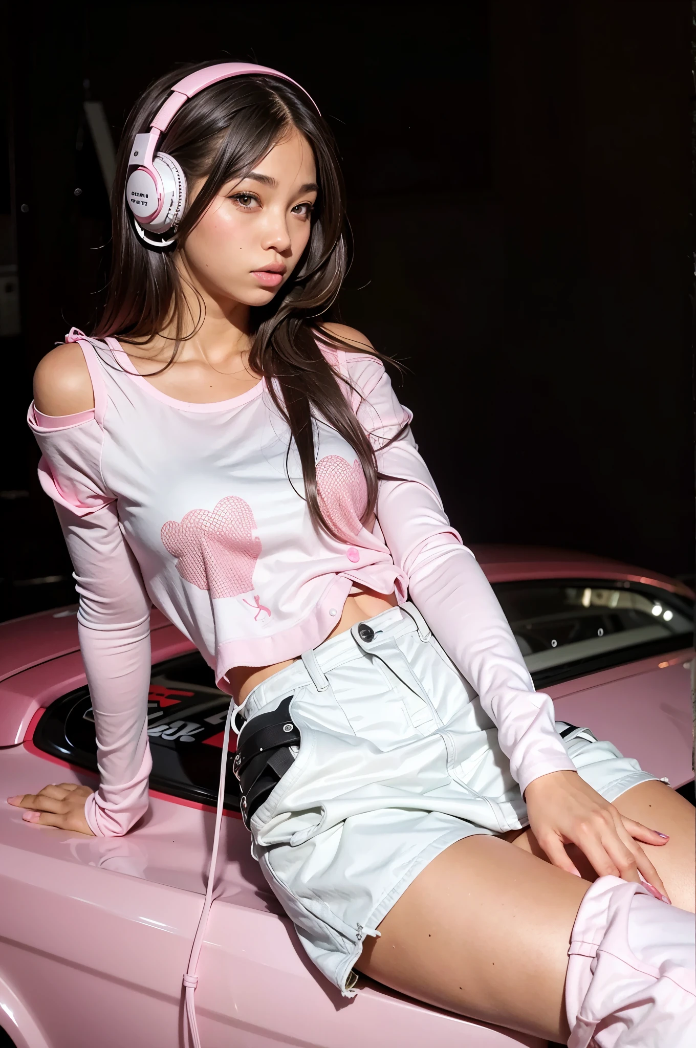 girl sitting on a car with headphones on and a pink car, perfect anime illustration