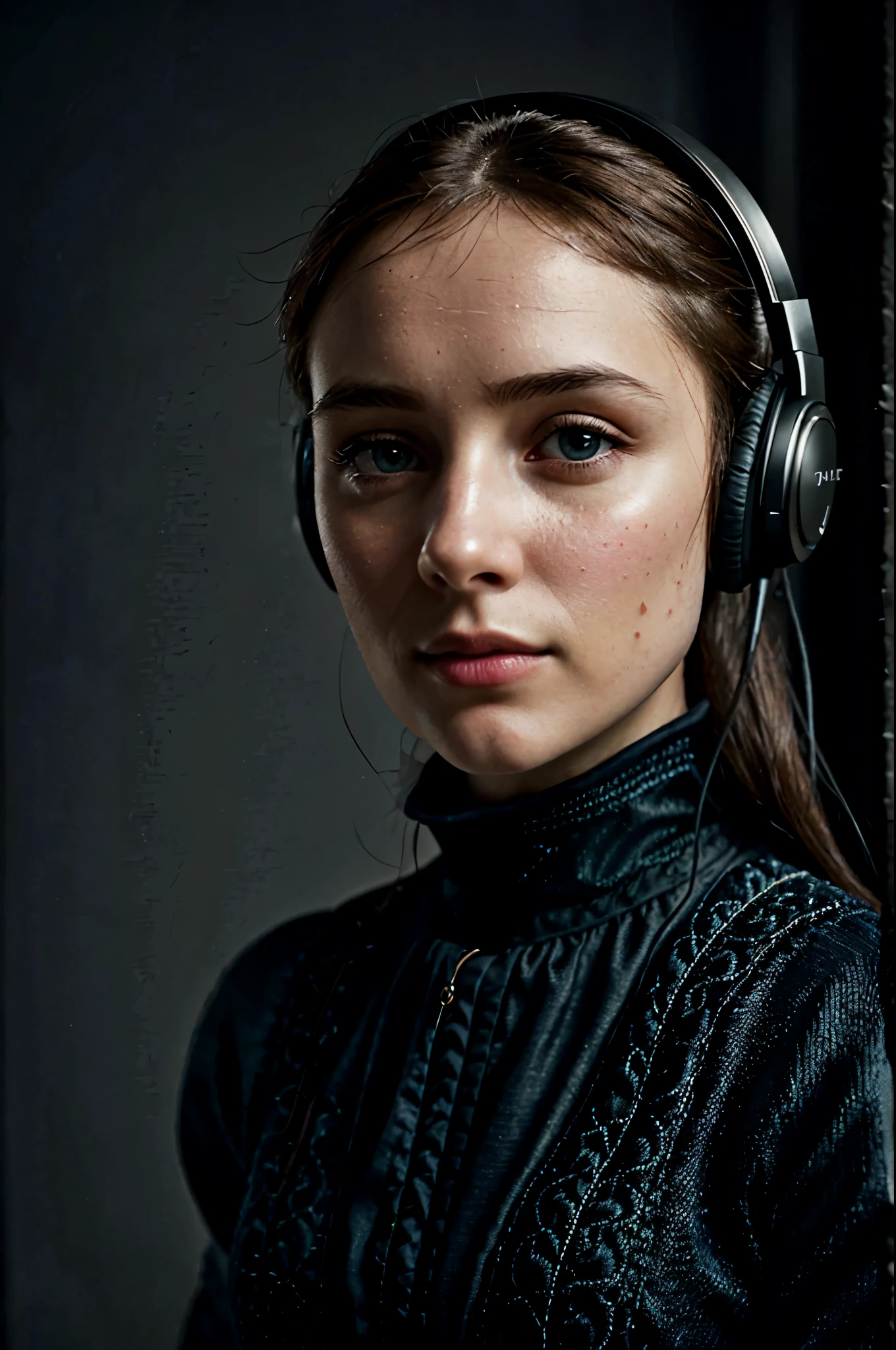 Jane Eyre with headphones, natural skin texture, 24mm, 4k textures, soft cinematic light, adobe lightroom, photolab, hdr, intricate, elegant, highly detailed, sharp focus, ((((cinematic look)))), soothing tones, insane details, intricate details, hyperdetailed, low contrast, soft cinematic light, dim colors, exposure blend, hdr, faded
