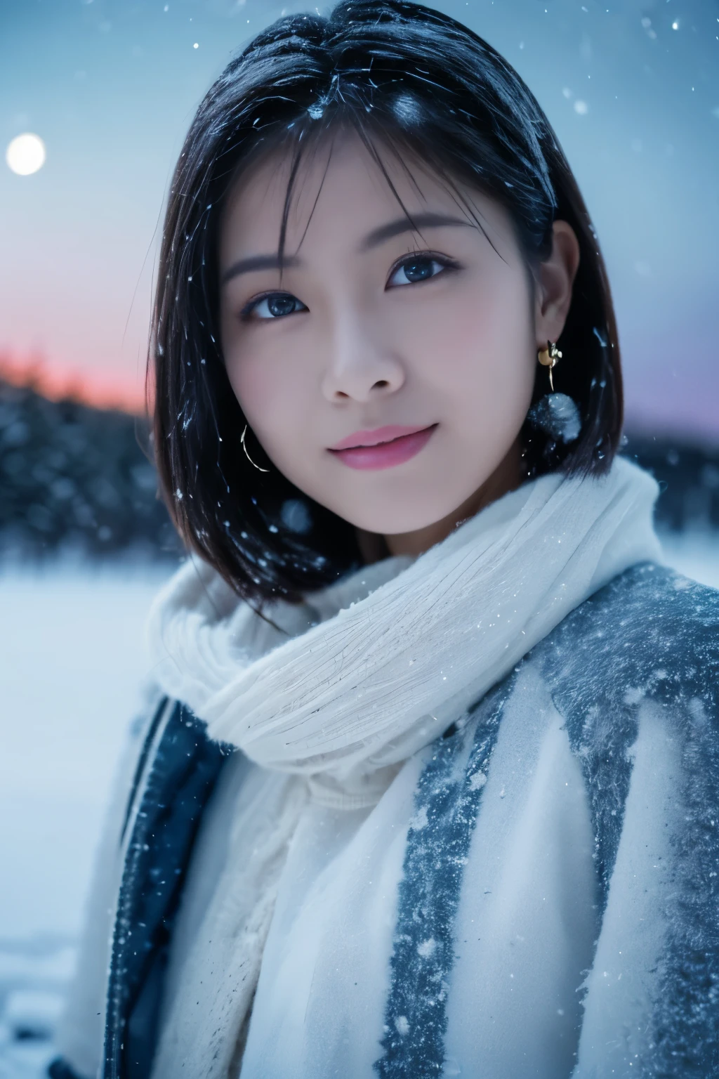 1 girl, (Winter clothes:1.2), beautiful japanese actress, 
Looks great in photos, Yukihime, long eyelashes, snowflake earrings,
(RAW photo, highest quality), (realistic, Photoreal:1.4), (table top), 
beautiful and fine eyes, beautiful detailed lips, highly detailed eyes and face, 
break
 (Dark night in the snowy fields of Lapland in winter:1.4), 
mysterious beauty, snow covered tree々, snow-capped mountain, 
(starry sky:1.3),
dark blue gradation, dramatic lighting, great atmosphere, 
break 
Perfect Anatomy, slender body, small, short hair, parted bangs, angel smile, 
crystal skin, clear eyes, Strobe photography, catch light