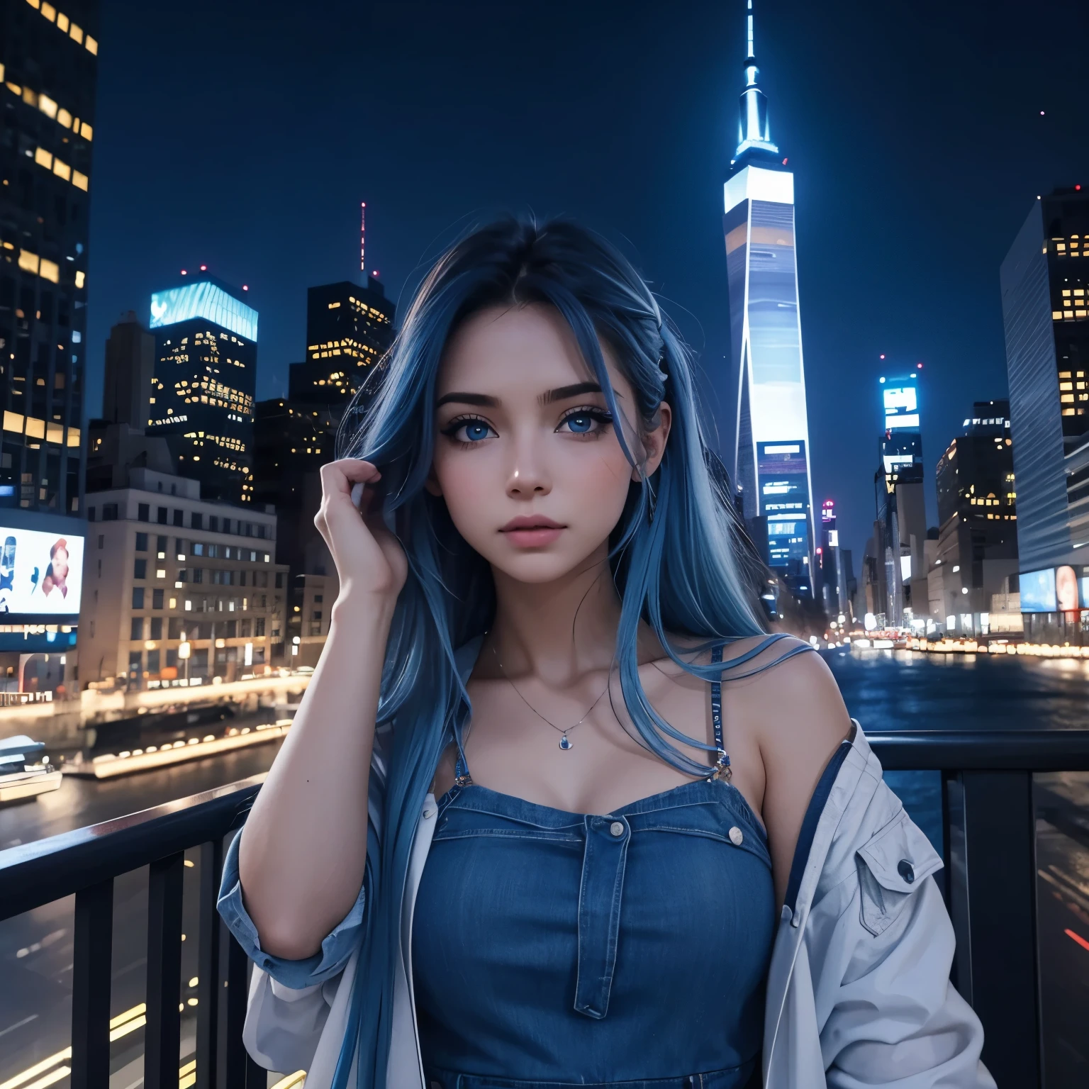 Sexy 19 year old American girl, piel blanca, cuerpo proporcionado y perfecto, ojos azules, cabello azul, voluminoso con muchas ondas color azul, la chica viste ropa de invierno de color blanco, la escena se desarrolla en el edificio mas alto de new york el freedom tower, la chica se encuentra en el vidrio mirando la ciudad de noche, imagen realista, imagen perfecta, cabello azul, imagen realista