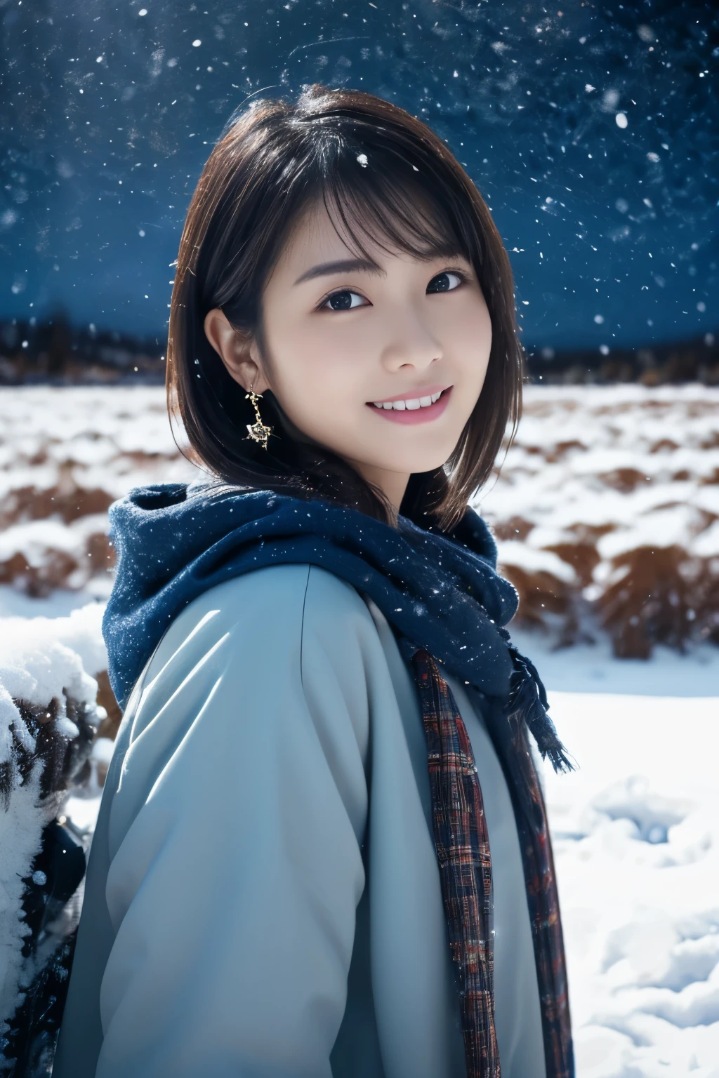 1 girl, (Winter clothes:1.2), beautiful japanese actress, 
looks great in the photo, Yukihime, long eyelashes, snowflake earrings,
(RAW photo, highest quality), (realistic, Photoreal:1.4), (table top), 
beautiful and detailed eyes, beautiful detailed lips, highly detailed eyes and face, 
break
 (Dark night in the snowy fields of Lapland in winter:1.4), 
mysterious beauty, 
(starry sky:1.3),
indigo gradation, dramatic lighting, great atmosphere, 
break 
Perfect Anatomy, slender body, small, short hair, parted bangs, angel smile, 
Crystal Skin, clear eyes, Strobe photography, catch light