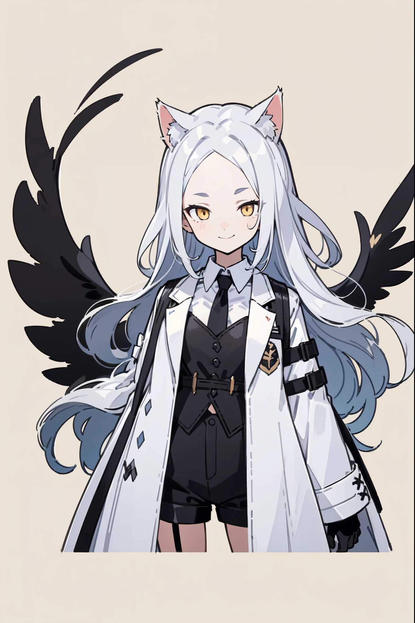 1girl, woman, solo, long hair, big hair, white hair, cat ears, (forehead:1.2), yellow eyes, medium breasts, devilish grin from below, white hair, (overcoat, black coat, open coat:1.2), white shirt, collared shirt, (chest harness, shoulder strap:1.15), black leather shorts, garter belt, gloves, ((from below)), elegant, (close-up to face:1.2), face only masterpiece, best quality, 4k