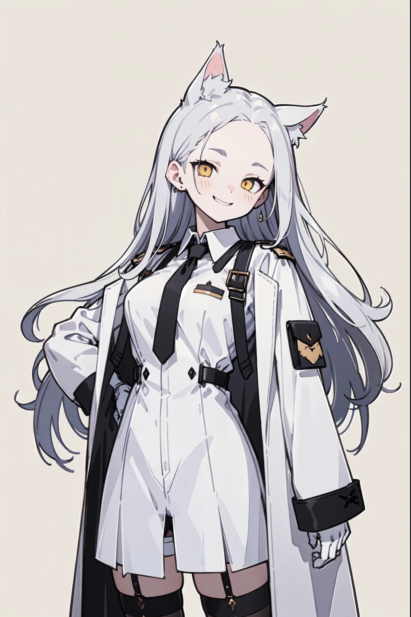 1girl, woman, solo, long hair, big hair, white hair, cat ears, (forehead:1.2), yellow eyes, medium breasts, devilish grin from below, white hair, (overcoat, black coat, open coat:1.2), white shirt, collared shirt, (chest harness, shoulder strap:1.15), black leather shorts, garter belt, gloves, ((from below)), elegant, (close-up to face:1.2), face only masterpiece, best quality, 4k