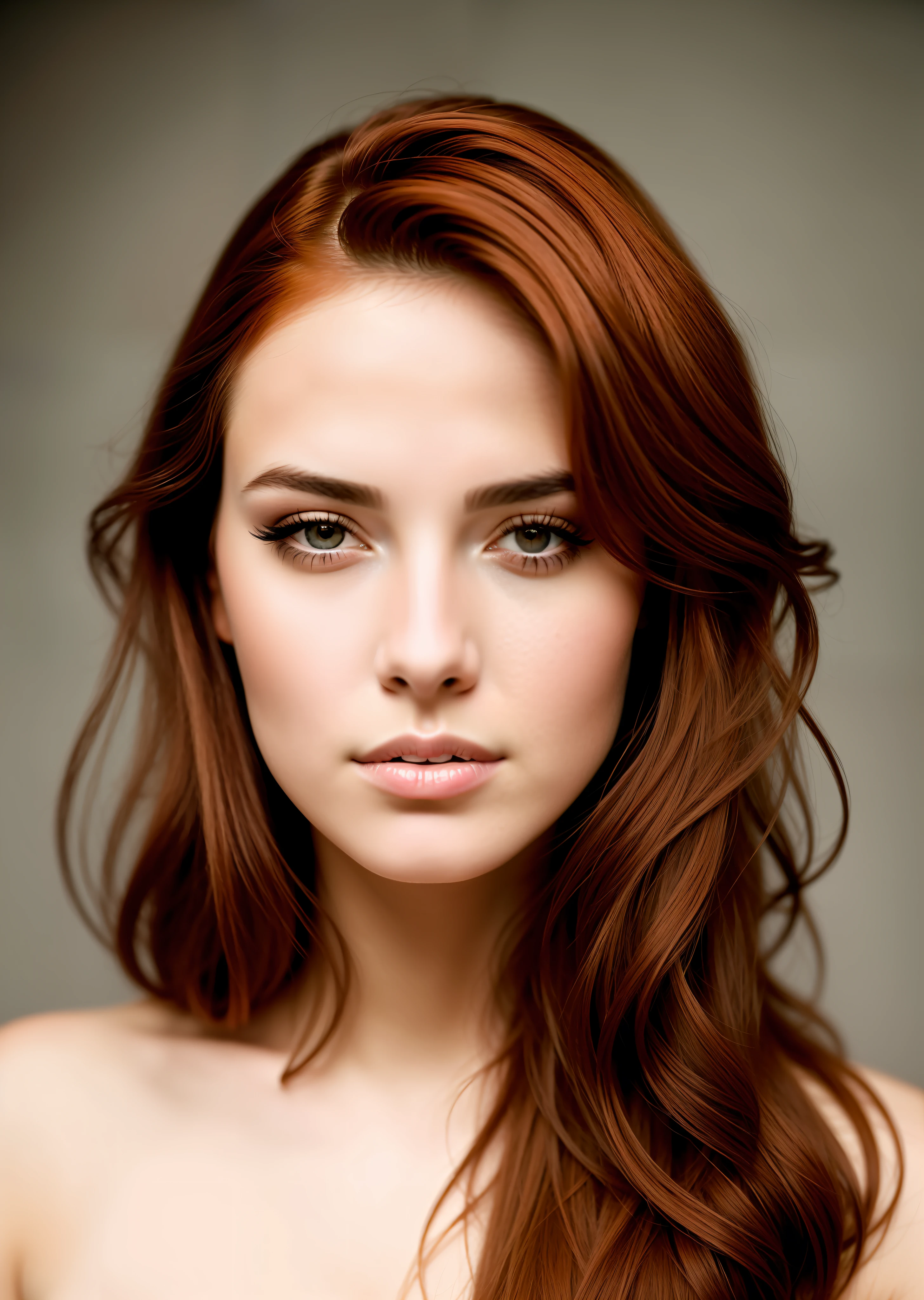 Cru, analog style, Um retrato deslumbrante de um jovem, Beautiful woman with striking features. Ela deveria ter muito tempo, flowing red hair, um olhar cativante, and a seductive expression. O fundo deve ser neutro e simples, permitindo que a mulher seja o ponto focal da imagem. Por favor, pay close attention to details, como os destaques e sombras em seu rosto e cabelo, para criar uma imagem realista e realista. Experiment with different lighting techniques to enhance the mood and atmosphere of the portrait. The final product must be a masterpiece that captures the essence and beauty of the woman, ((pele altamente detalhada, detalhes da pele)), sharp focus, volumetric fog, 8K Ultra HD, dslr, alta qualidade, Film grain, Fujifilm XT3, corpo todo
